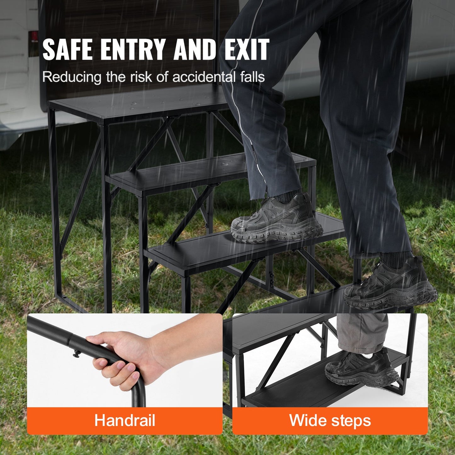 RV Step, 4-Step Motorhome Stairs, 440 LBS Load Capacity, Thickened Carbon Steel, with Handrail, Non-Slip Steps for Safe Entry and Exit, Suit for RV, Trailer, RV Step