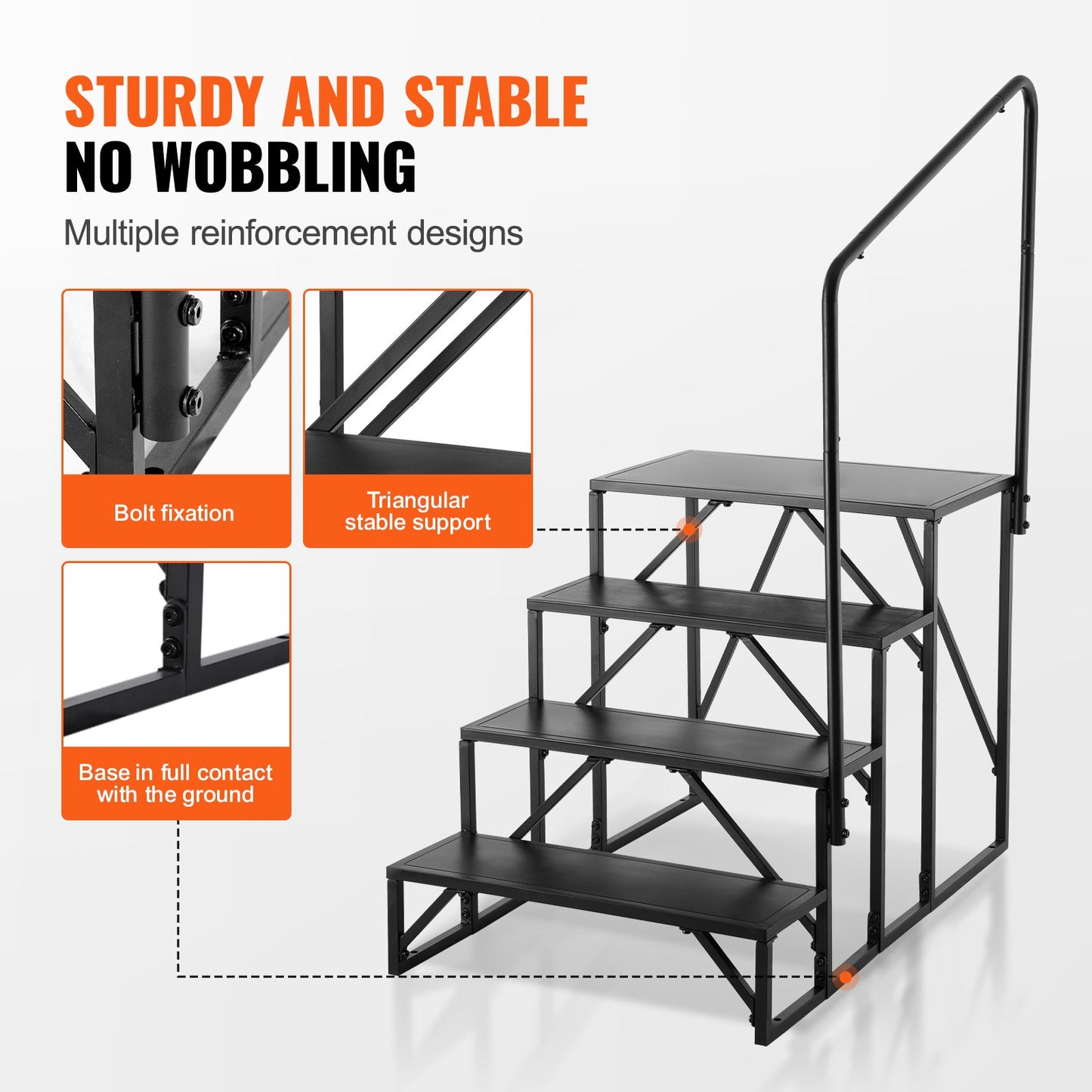 RV Step, 4-Step Motorhome Stairs, 440 LBS Load Capacity, Thickened Carbon Steel, with Handrail, Non-Slip Steps for Safe Entry and Exit, Suit for RV, Trailer, RV Step