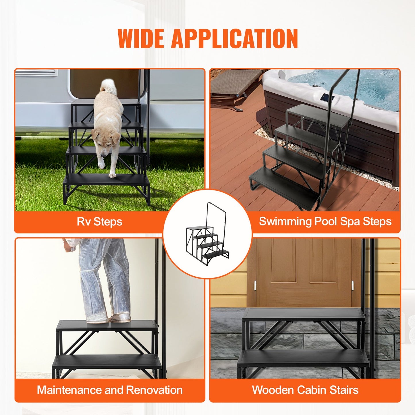 RV Step, 4-Step Motorhome Stairs, 440 LBS Load Capacity, Thickened Carbon Steel, with Handrail, Non-Slip Steps for Safe Entry and Exit, Suit for RV, Trailer, RV Step
