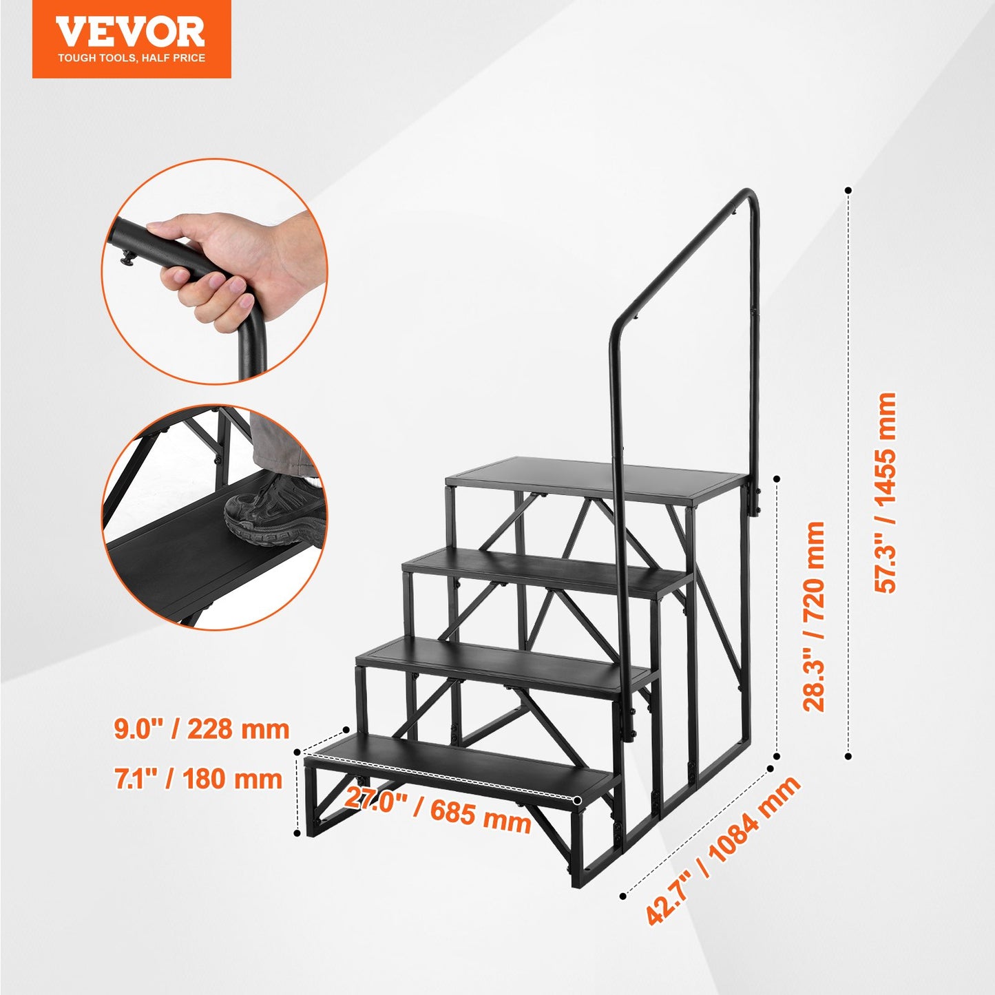 RV Step, 4-Step Motorhome Stairs, 440 LBS Load Capacity, Thickened Carbon Steel, with Handrail, Non-Slip Steps for Safe Entry and Exit, Suit for RV, Trailer, RV Step