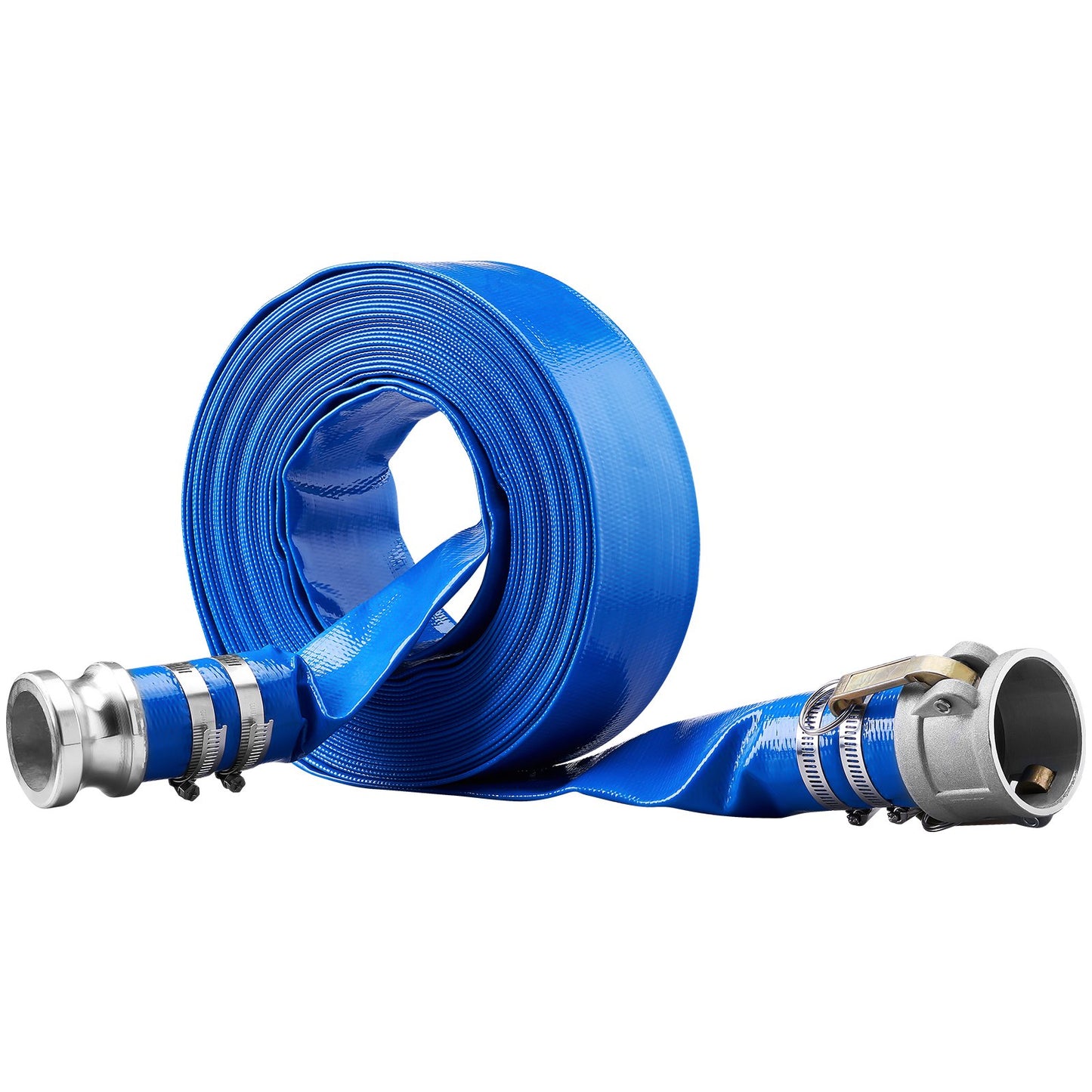 Backwash Hose, 2 Inch x 50 Feet, Heavy Duty PVC Flat Pool Outlet Hose with Aluminum Camlock C & E Fittings, Clamps, Compatible with Pumps, Sand Filters, for Swimming Pools Wastewater Drainage, Blue