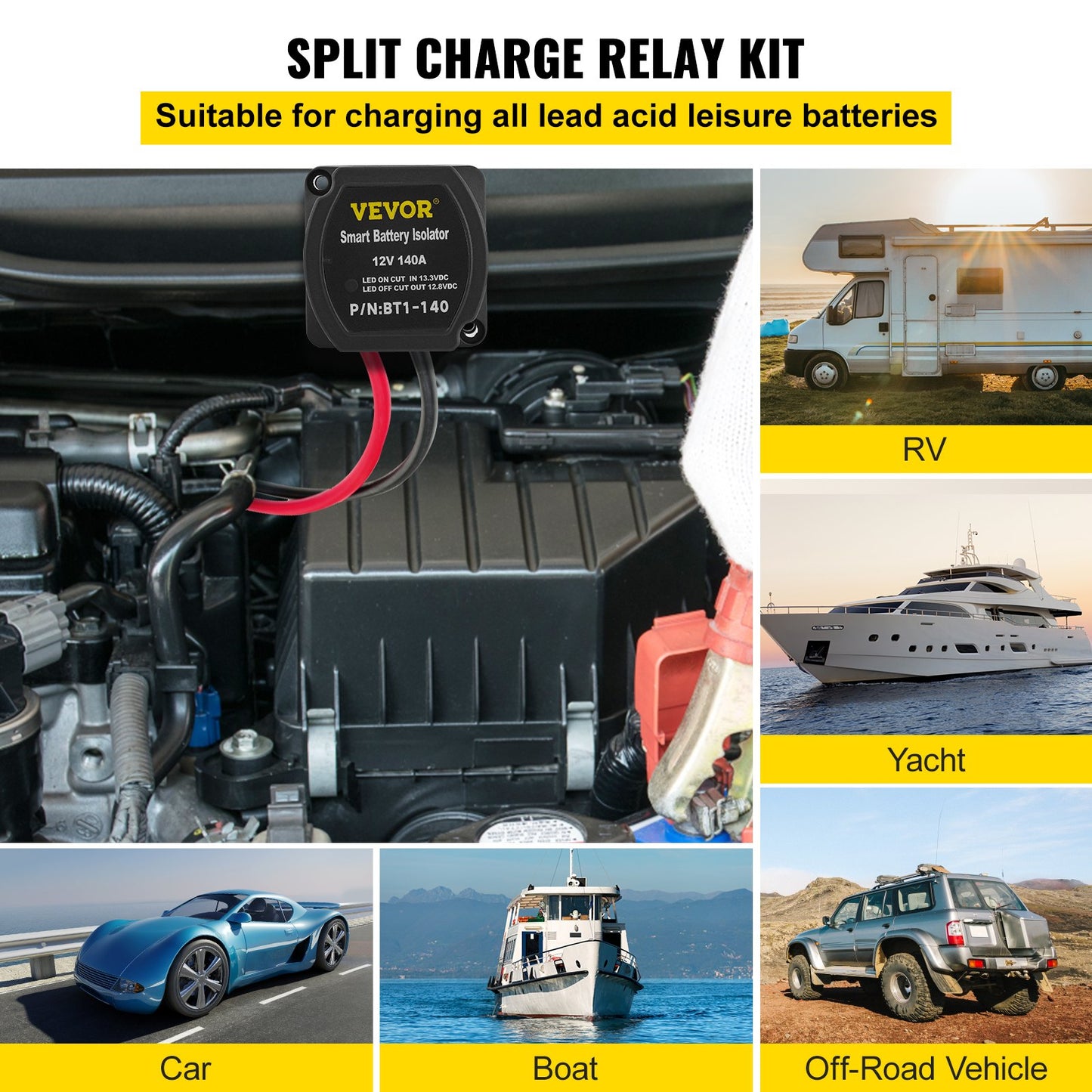 Split Charge Relay Kit, 6mtr 12V, Automatisk Dual Battery Isolator Kit med 140AMP Voltage Sense Relay VSR, kompatibel med RV Marine Car Vehicle Lastbil Husvagn Husvagn Yacht ATV UTV Båtar Verkstad