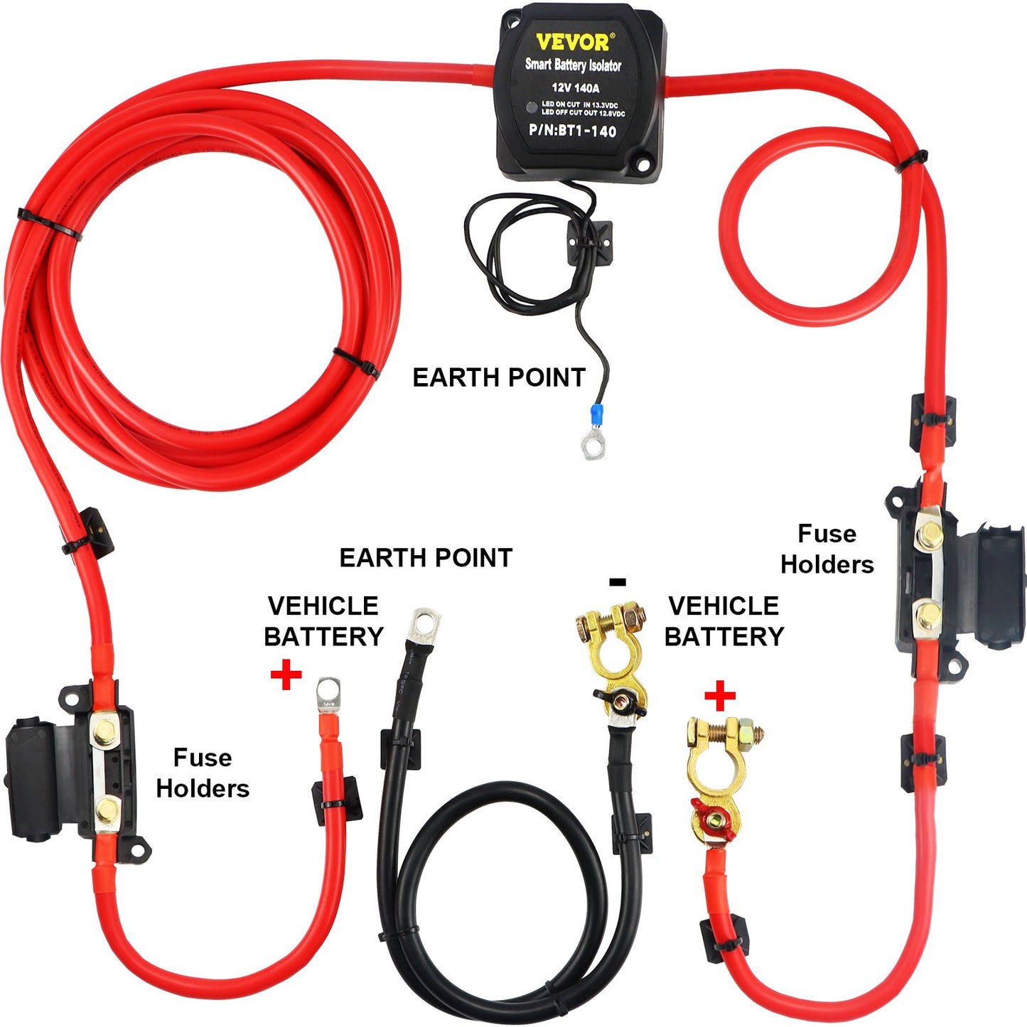 Split Charge Relay Kit, 4mtr 12V, Automatisk Dual Battery Isolator Kit med 140AMP Voltage Sense Relay VSR, kompatibel med RV Marine Car Vehicle Truck Caravan Camper Yacht ATV UTV Boats Workshop