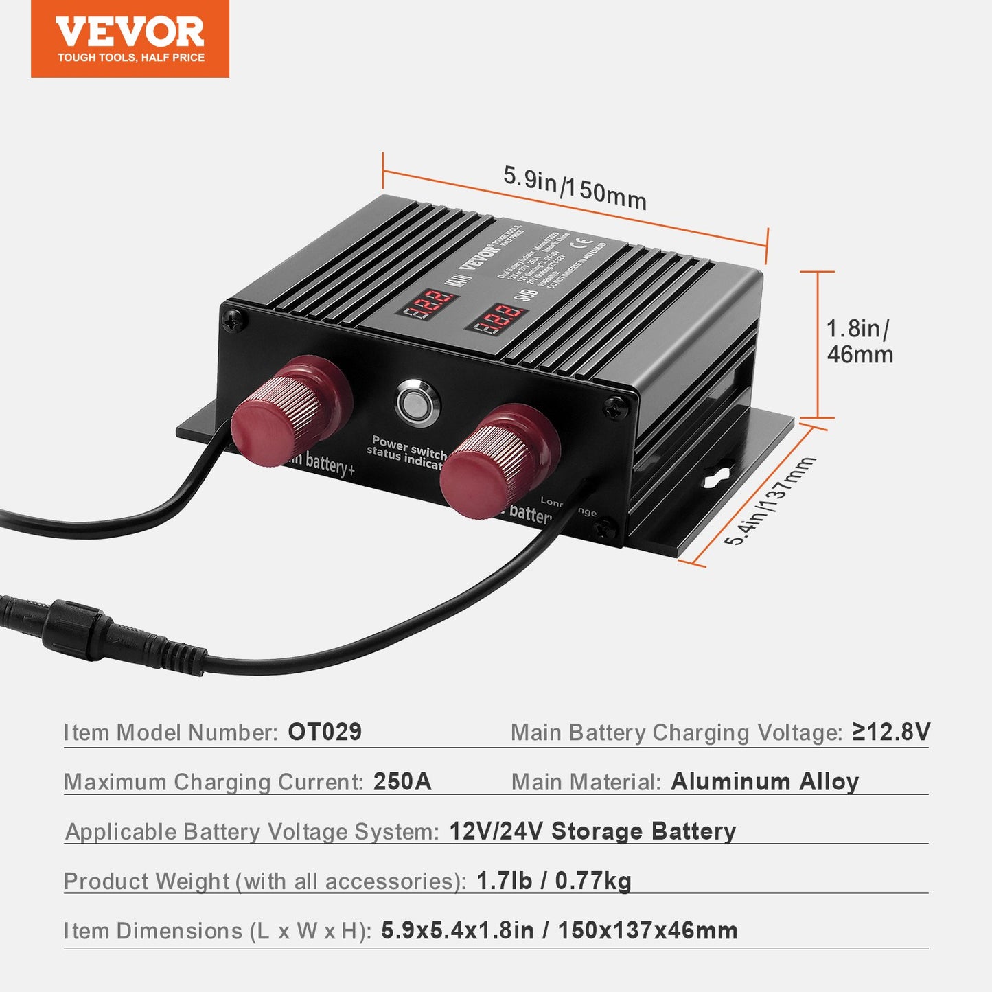 Dual Battery Smart Isolator 12V/24V 250 Amp Spänningskänslig Realy LCD