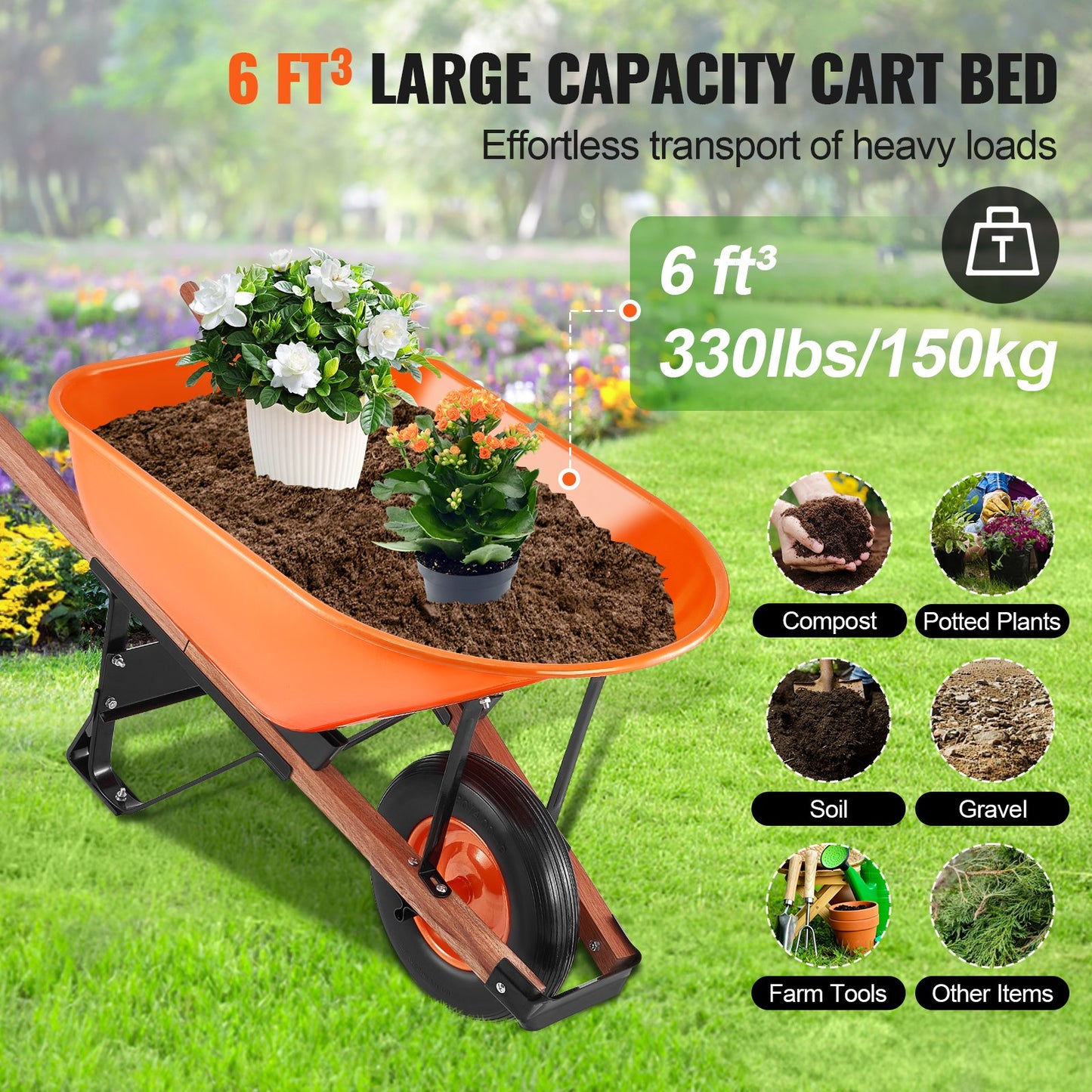 Skottkärra Cart One Wheel 6 Cu Ft Garden Dump Cart 330 lbs Utility Cart