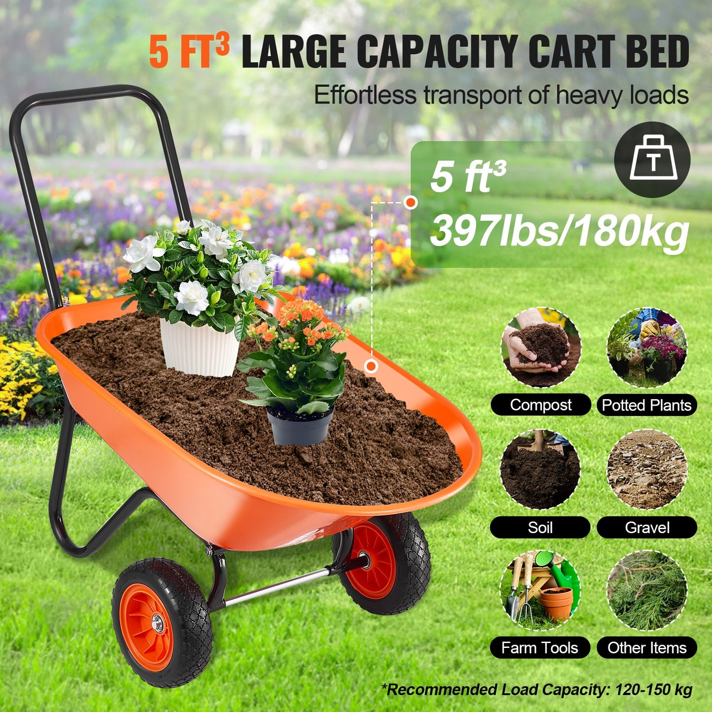 Skottkärravagn 2 hjul Trädgårdsdumpvagn 397 lbs Yard Utility Cart