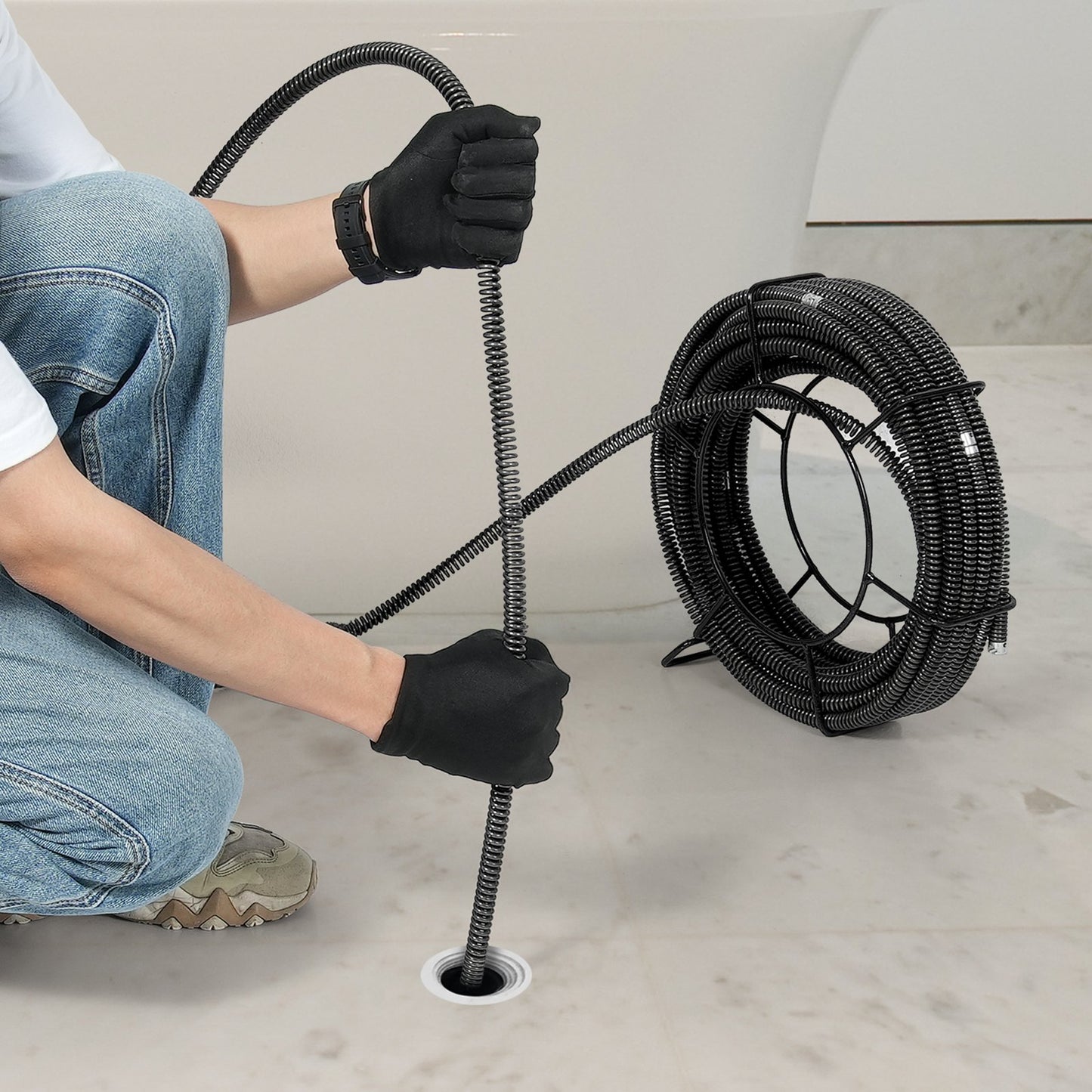 Sektionsavloppsrengöringskabel 100FTx5/8In & 7 skärare för 0,8"-3,9" rör