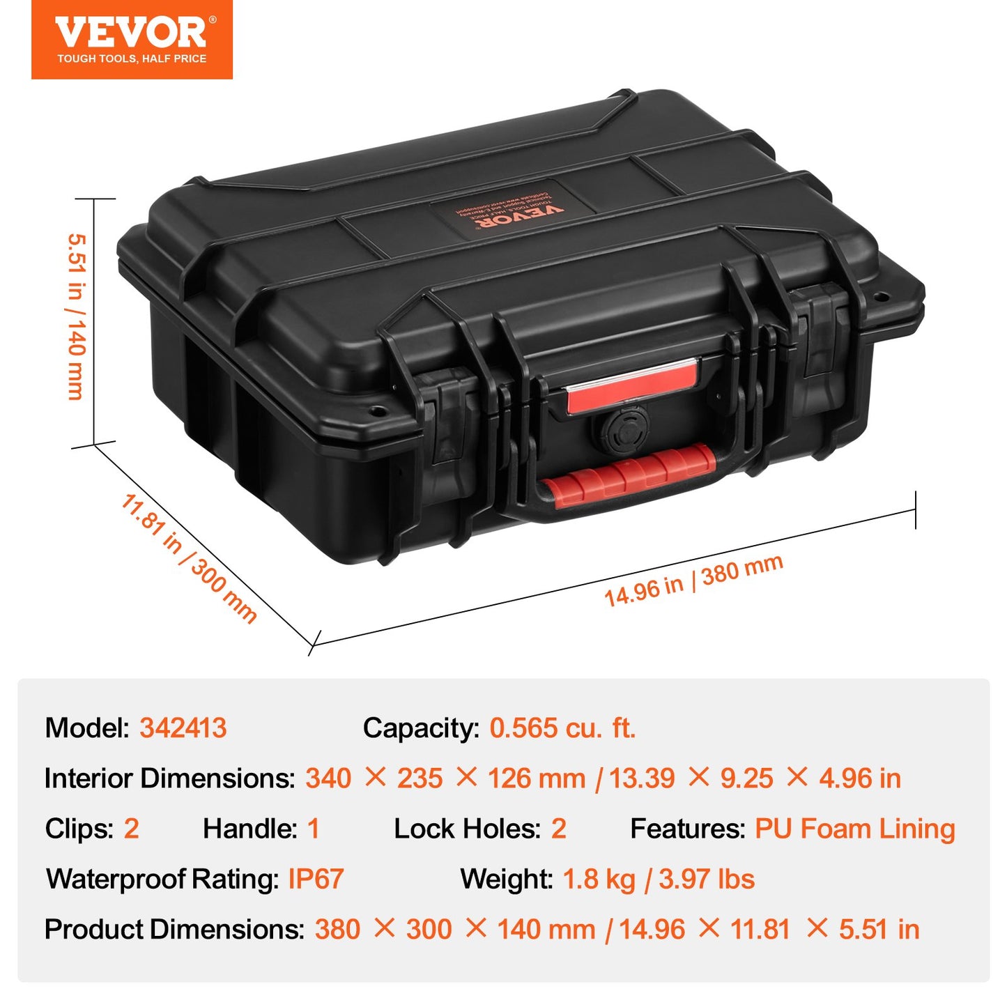 0.56 Cu.ft Weatherproof Hard Case with Handle Clips Padlock Hole PU Foam