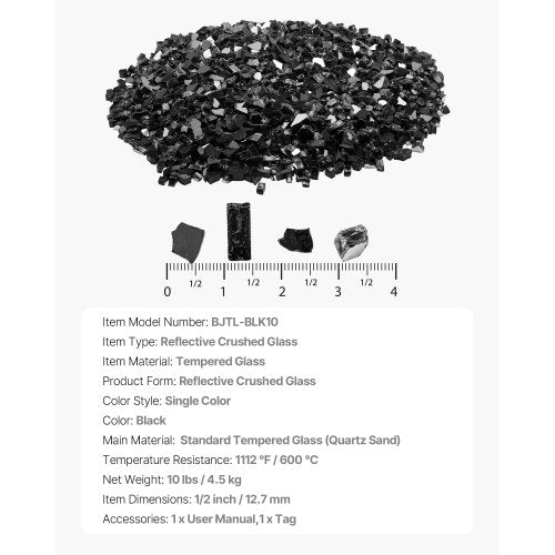 10 LBS Fire Glass 1/2-Inch Fire Glass Stones for Fire Pit Table Black | EU