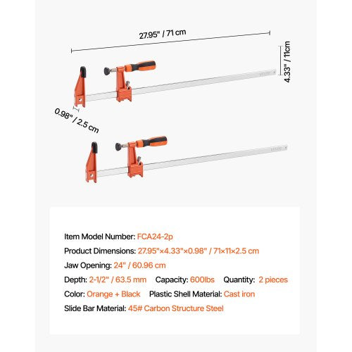Holzklammern 2er-Pack 61 cm öffenbar verschließbar F-Klammer Gusseisen