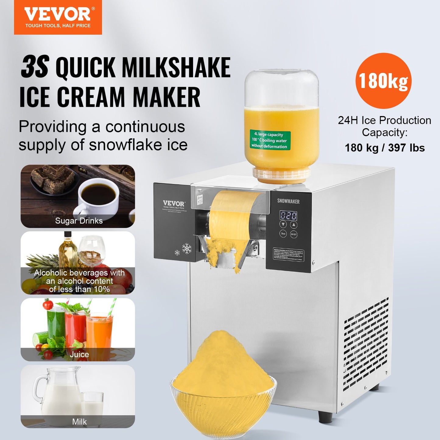 Commercial Snowflake Ice Cream Machine 397LBS/24H Stainless Steel For Ice Cream