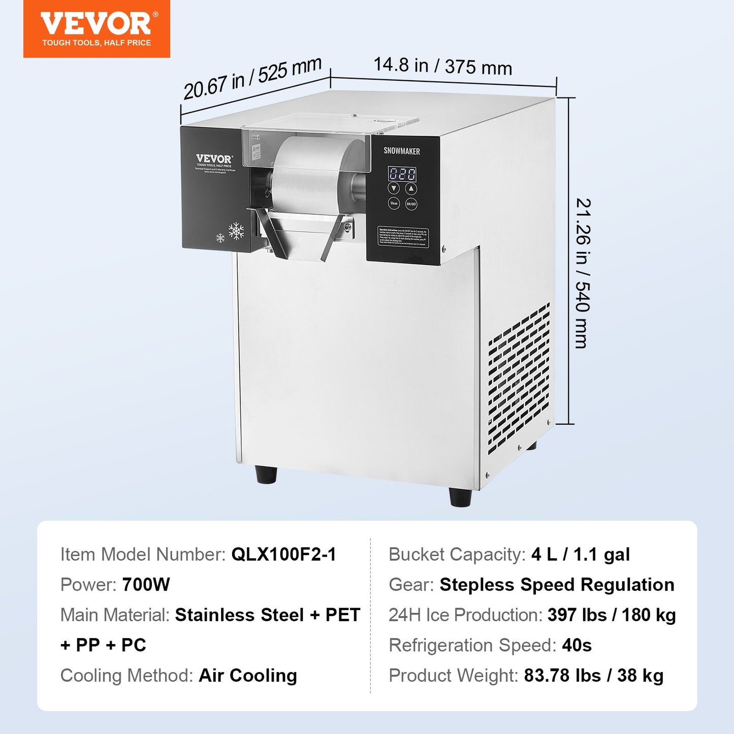 Commercial Snowflake Ice Cream Machine 397LBS/24H Stainless Steel For Ice Cream