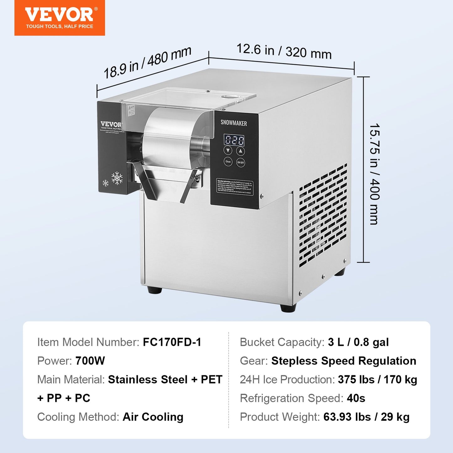 Commercial Snowflake Ice Machine 375LBS/24H Stainless Steel For Ice Cream