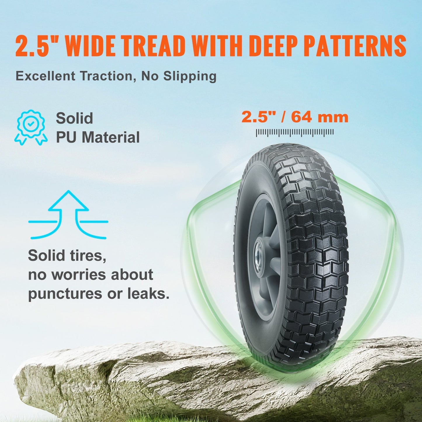 Solid PU Run-Flat Tire Wheels, 10", 2-Pack, 180 lbs Dynamic Load, 220 lbs Static Load, Flat-Free Tubeless Tires and Wheels for Hand Truck, Utility Cart, Dollies, Garden Trailers, Various Carts