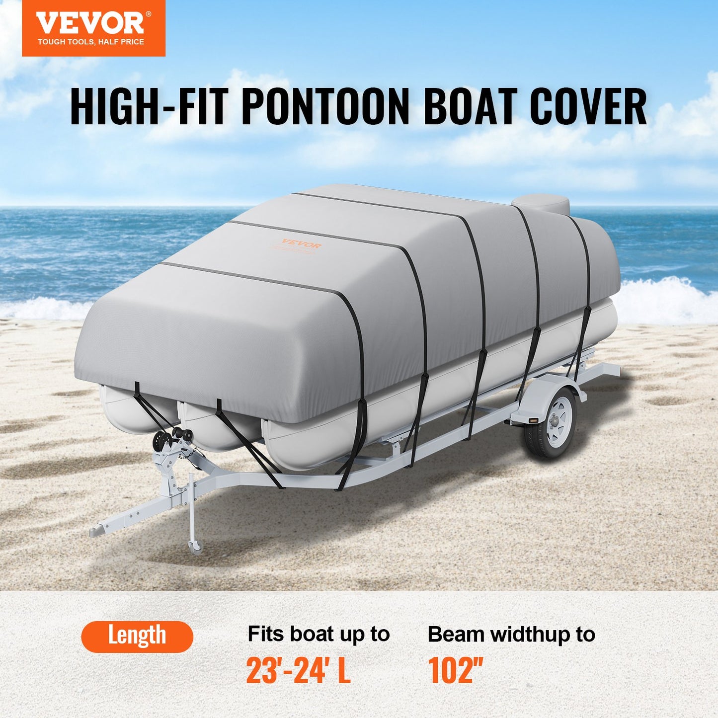 Ponton-Boot-Abdeckung, 23'-24' wasserdichte, trailerbare Ponton-Abdeckung, 800D Marine PU Oxford-Gewebe, mit Motorabdeckung, 16 winddichten Spanngurten, passend für 23'-24'L, Breite bis 102", Grau