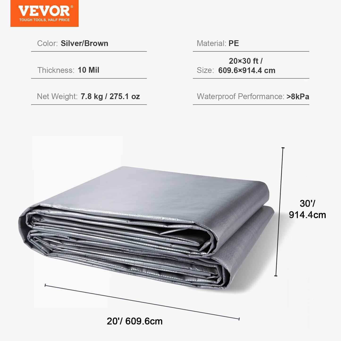 Tarp Vattentät 20x30 ft, plast Poly Tarp Cover 10 Mil, Multi Purpose Tear UV och temperaturbeständig utomhuspresenning med hög hållbarhet förstärkta genomföringar (silver/brun)