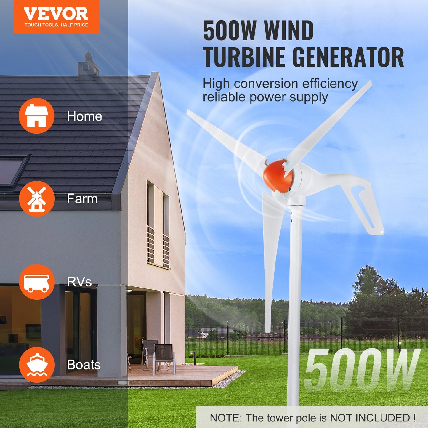 500W Windturbinengenerator 12V 3-Blatt-Windturbinen-Kit mit Anemometer