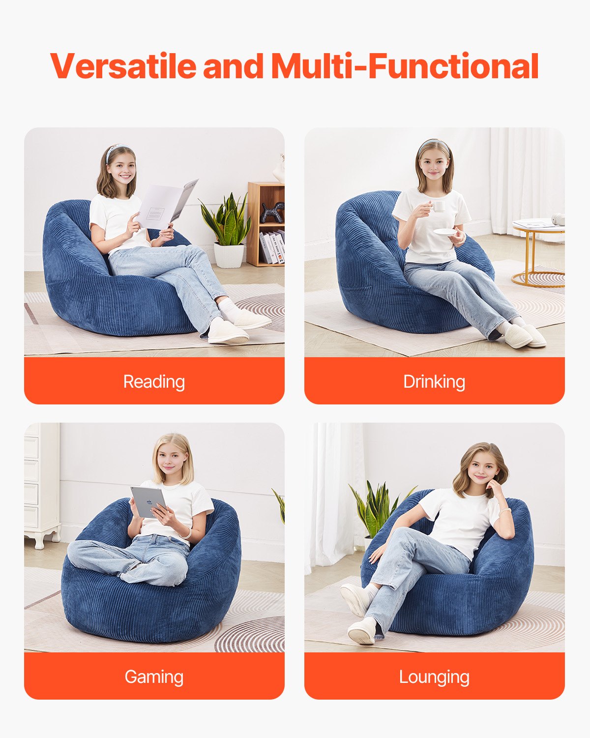 3 fot Bean Bag Stol med mjuka armstöd och förvaringsficka blå