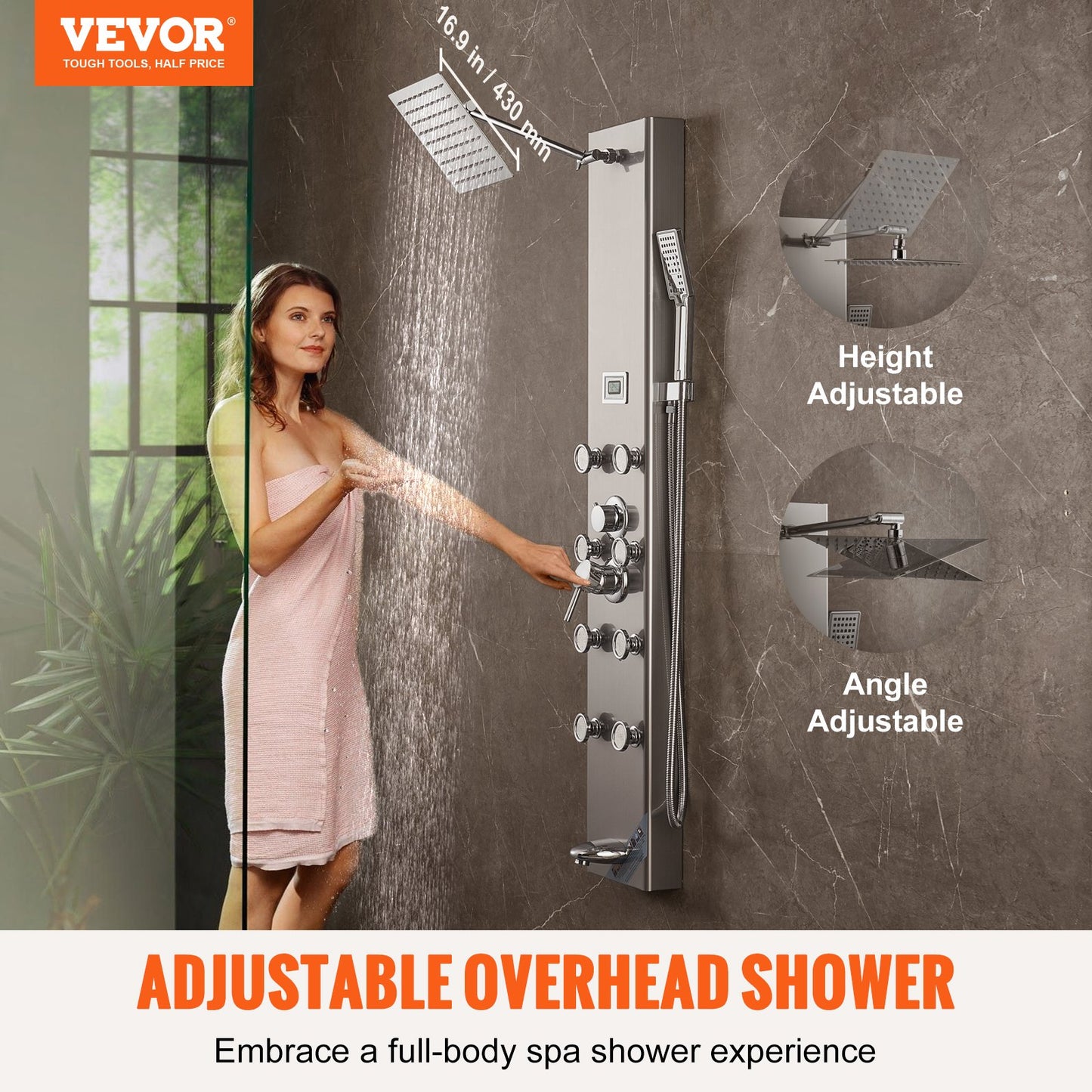 Shower Panel Tower System 6 lägen Digital Display Rostfritt stål Regnfall
