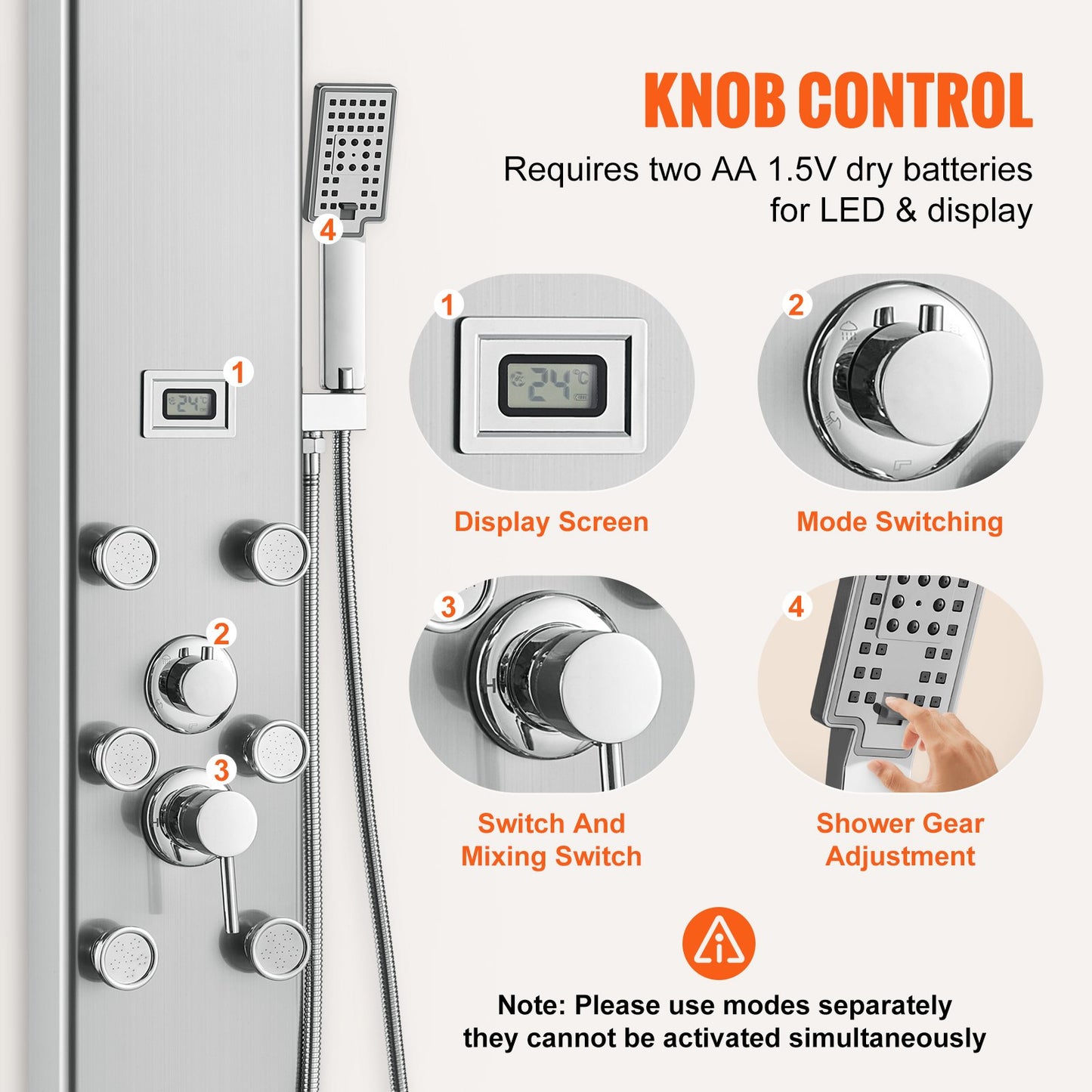 Shower Panel Tower System 6 lägen Digital Display Rostfritt stål Regnfall