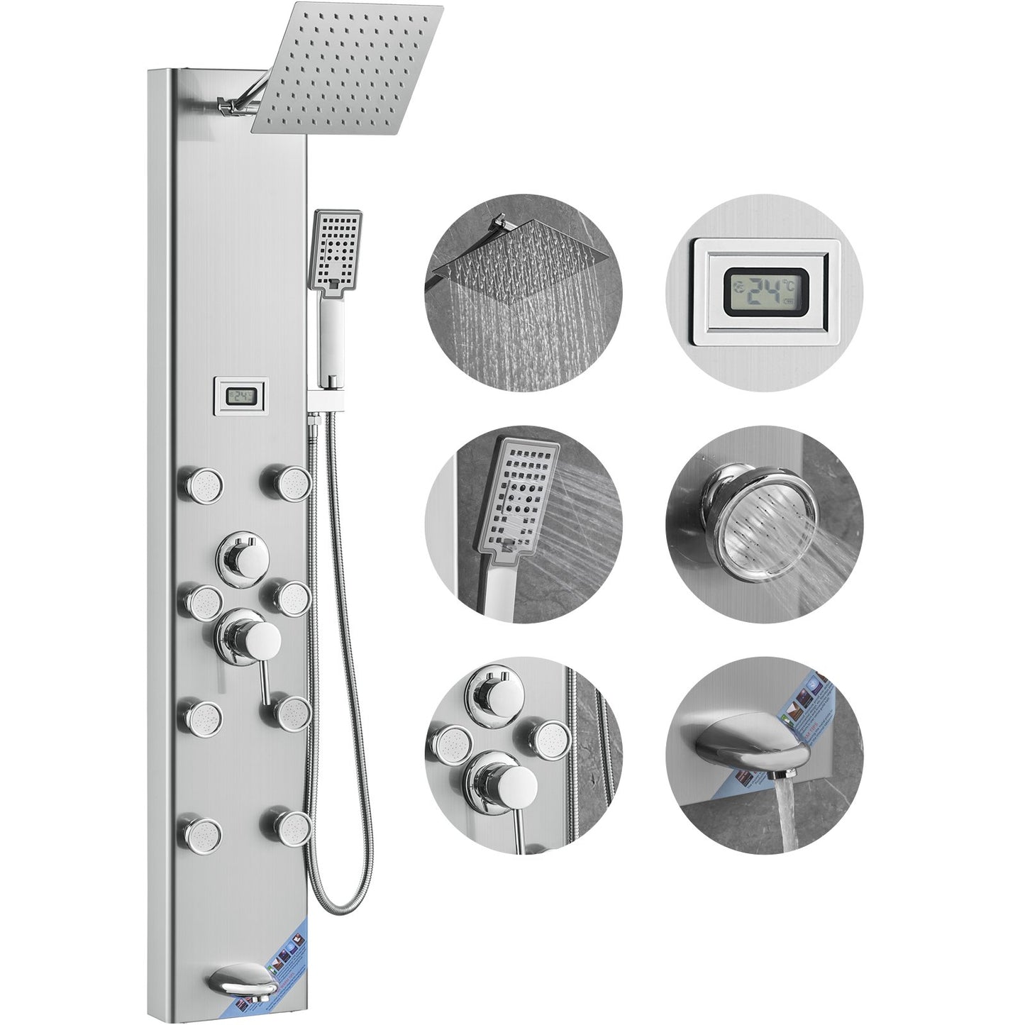 Shower Panel Tower System 6 lägen Digital Display Rostfritt stål Regnfall