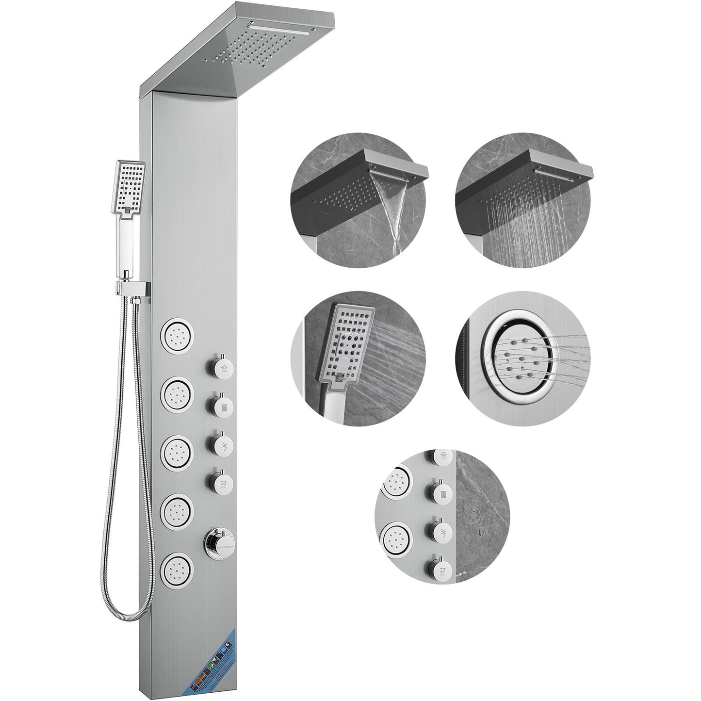 Duschpanelsystem, 4 duschlägen Duschpanelstorn, regn, vattenfall, 5 helkroppsmassagestrålar och 3-läges handduschhuvud med 59" slang, väggmonterad duschset i rostfritt stål