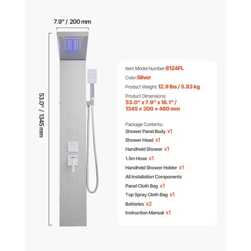 Shower Panel Tower System Stainless Steel Pillar Rain Nozzle 5 Positions | EU