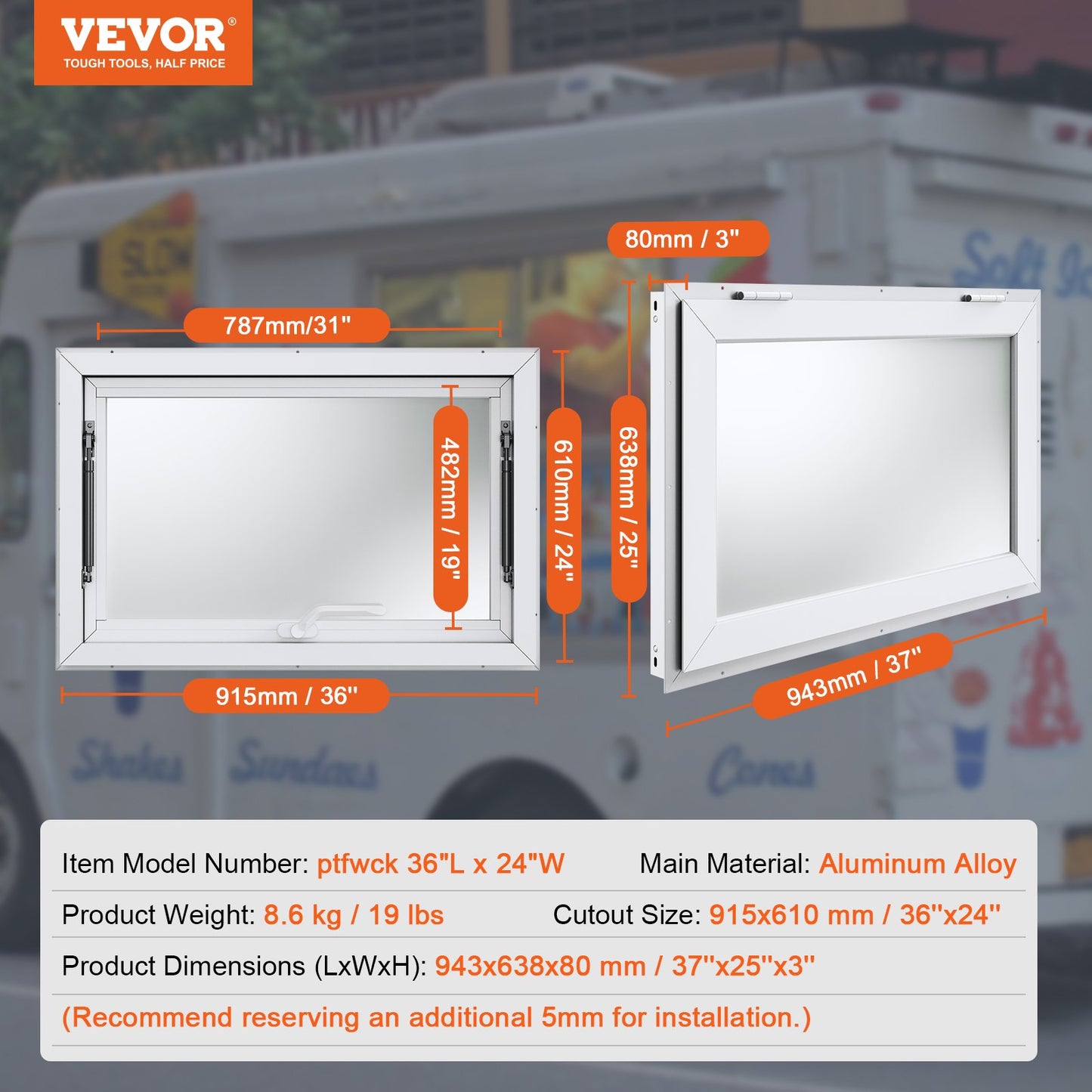 36"L x 24"W Koncessionsställ Servering Fönster Food Truck Service Markis