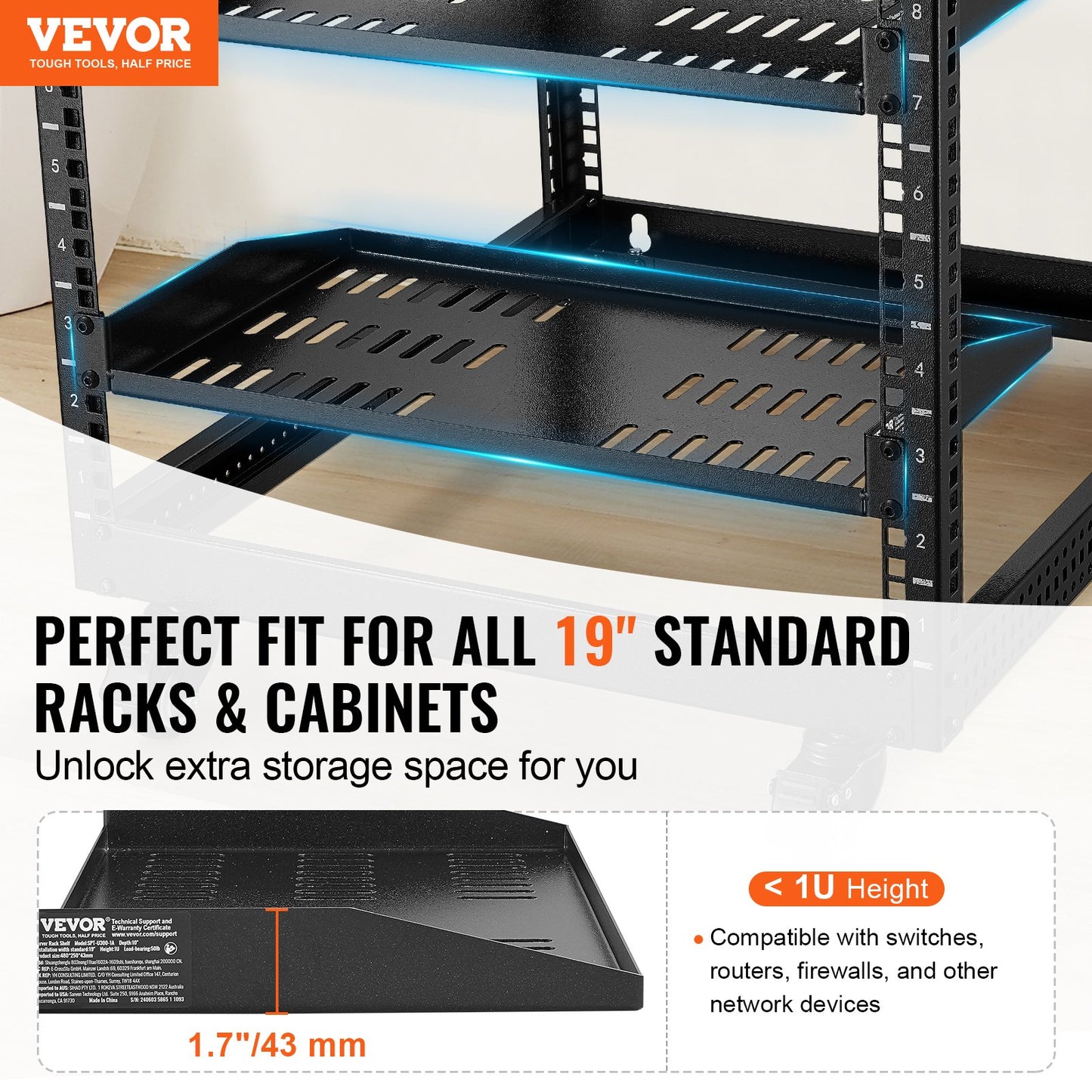 2PCS 1U Server Rack Shelf 10"/254mm Depth Ventilated Rack Mount Shelf Tray