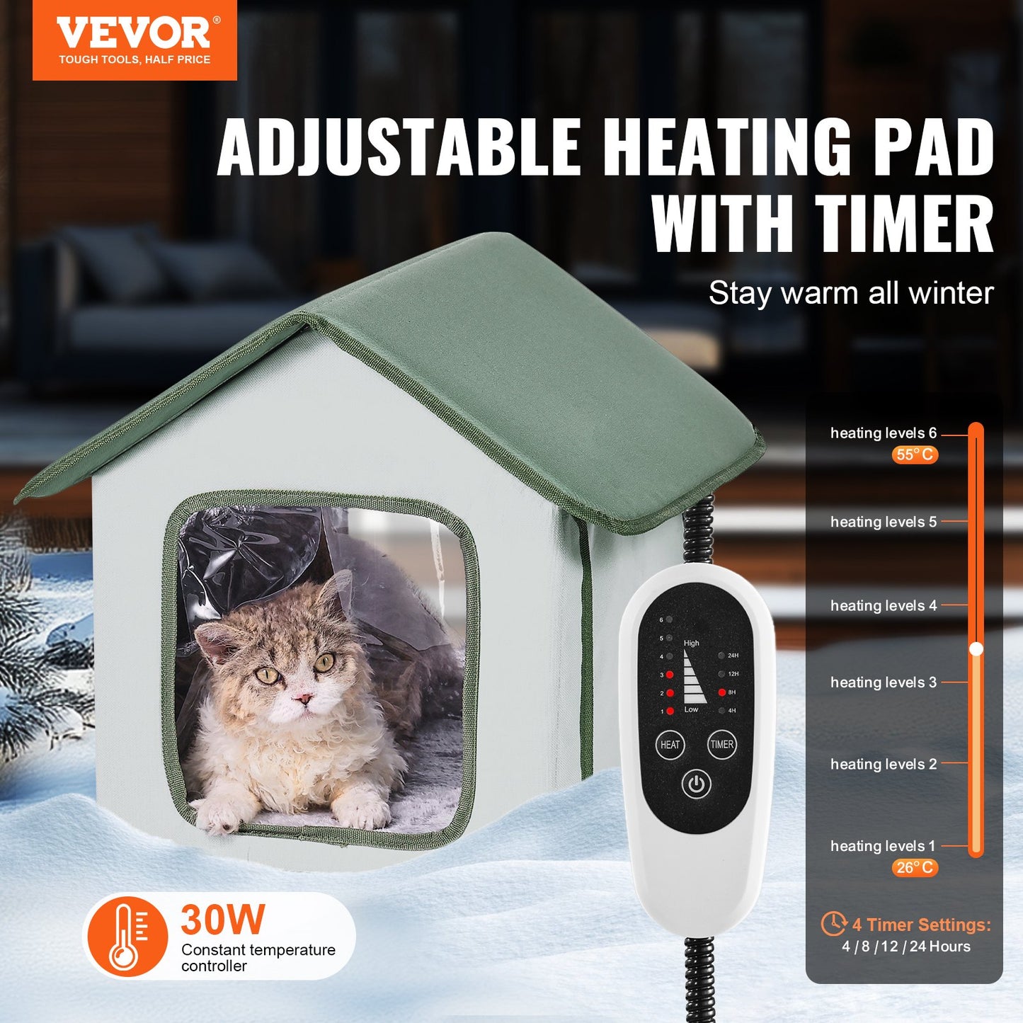 Elevated Heated Cat House Outdoor Kitty Shelter with Heated Pad Green (S)