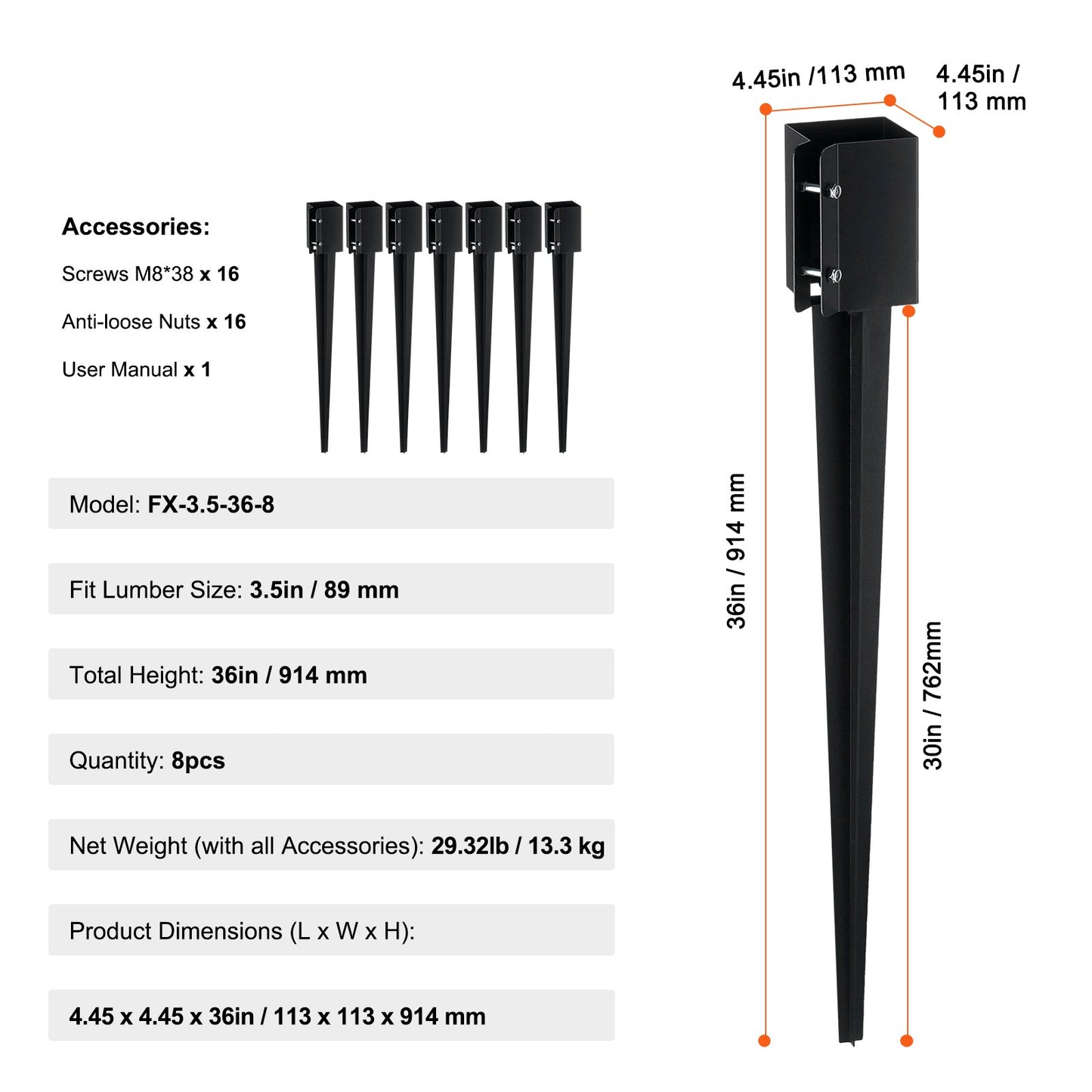 Staketstolpe Ankare Ground Spike, 8-pack 36 x 4 x 4 tum Ytterdiameter (Inre diameter 3,5 x3,5 tum), metall svart pulverlackerad stolpstake mark, för brevlåda däck trädgård räcke