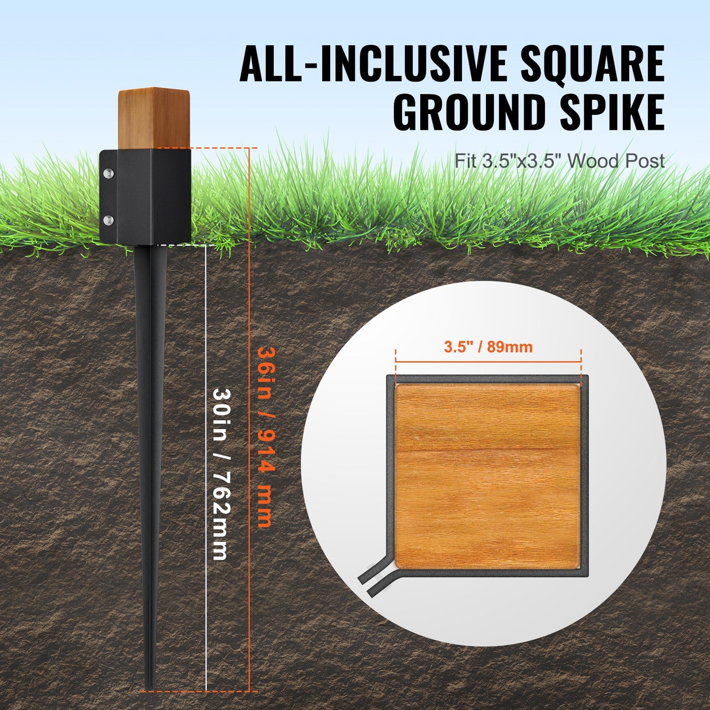Staketstolpe Ankare Ground Spike, 4-pack 36 x 4 x 4 tum Ytterdiameter (Inre diameter 3,5 x3,5 tum), metall svart pulverlackerad stolpstake mark, för brevlådedäck trädgårdsräcke