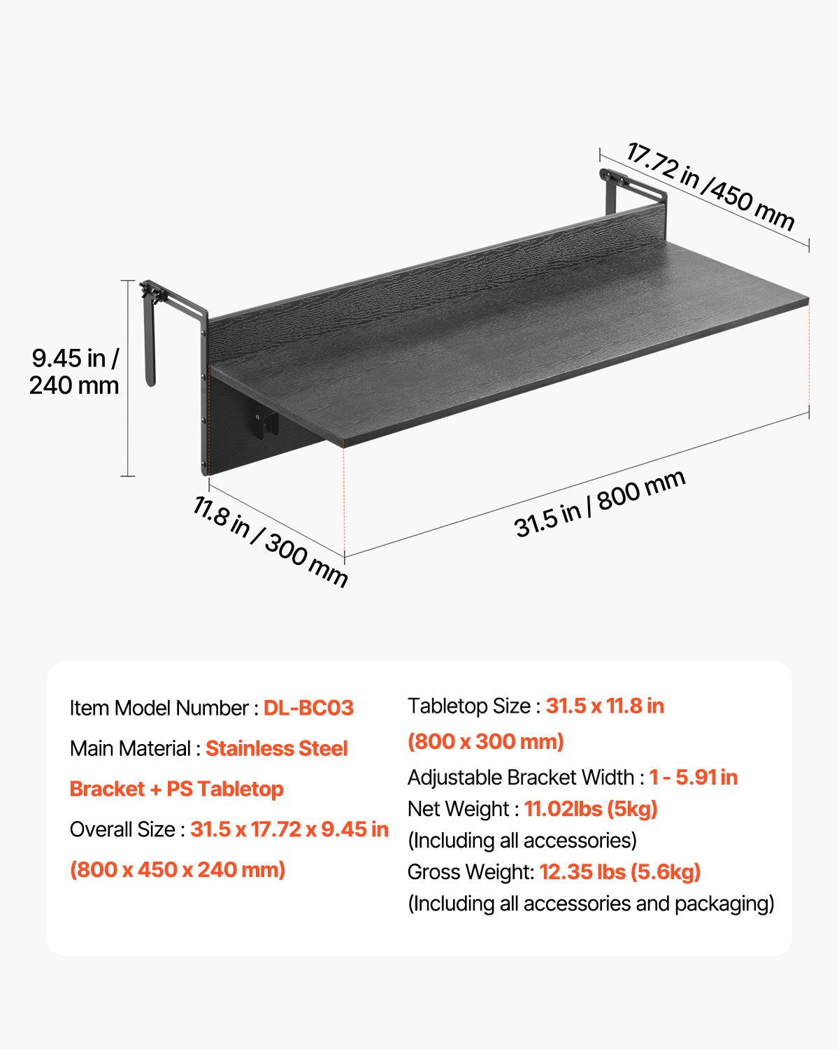 Balkonghängande bord 12 x 32 tum Uteplatsräcke Barbord Fällbart