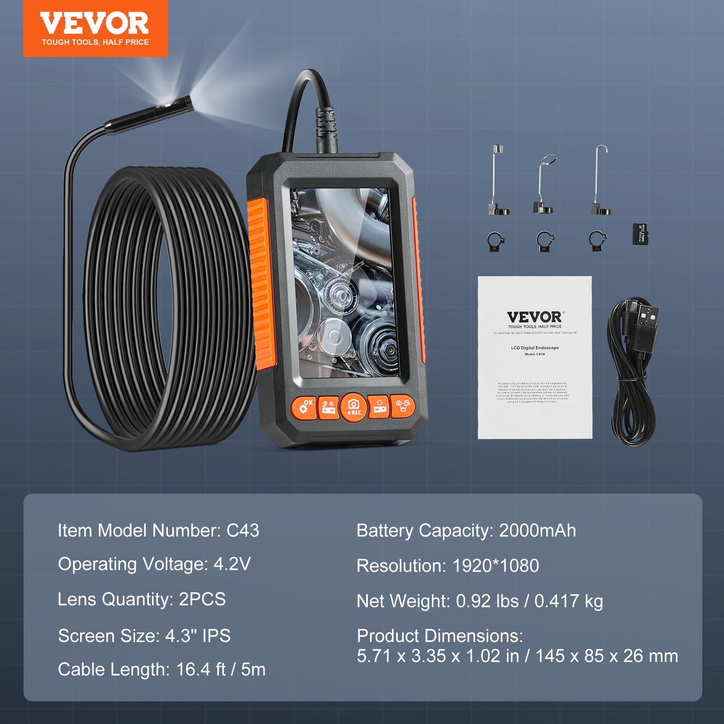 Endoscope Camera with Light Dual Lens Borescope 16.4FT Cable 4.3" Screen