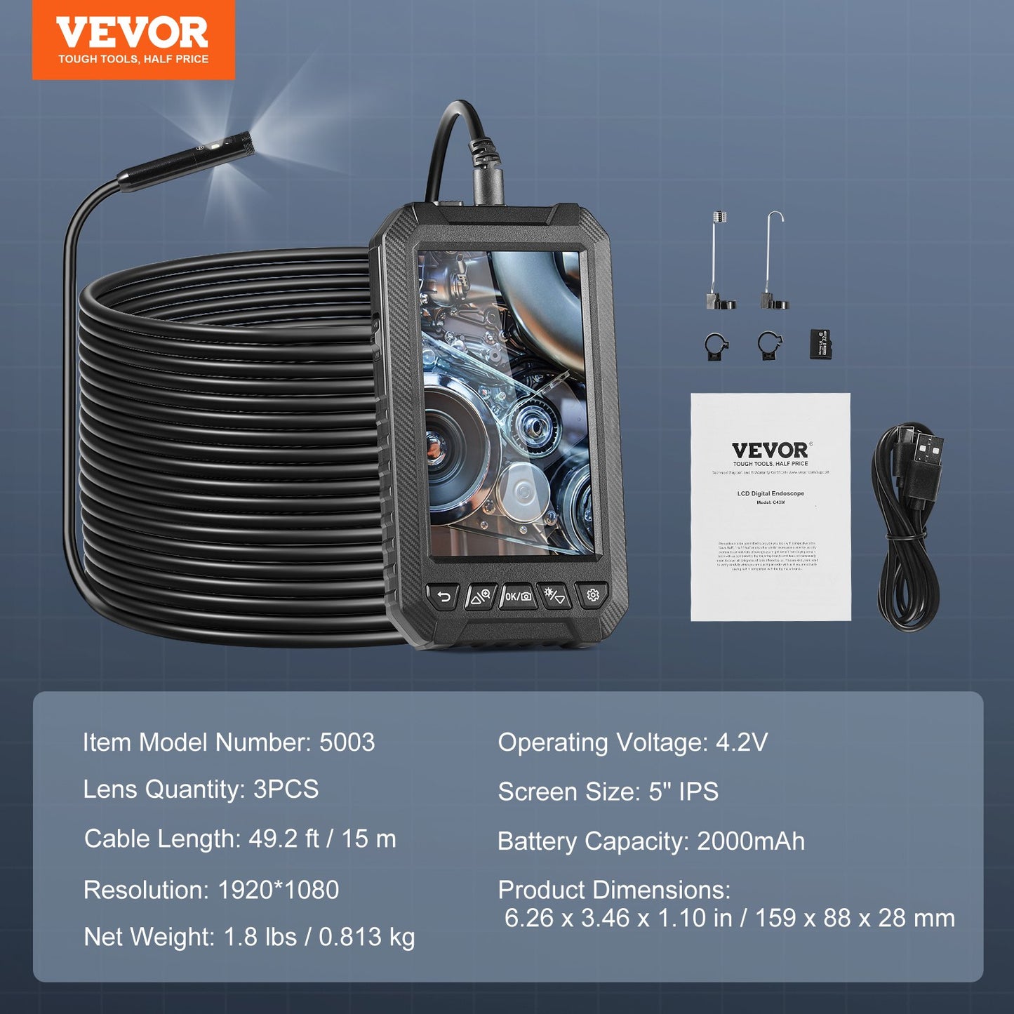 Endoskopkamera med lampor Trippellins borescope 49,2FT kabel 5" skärm