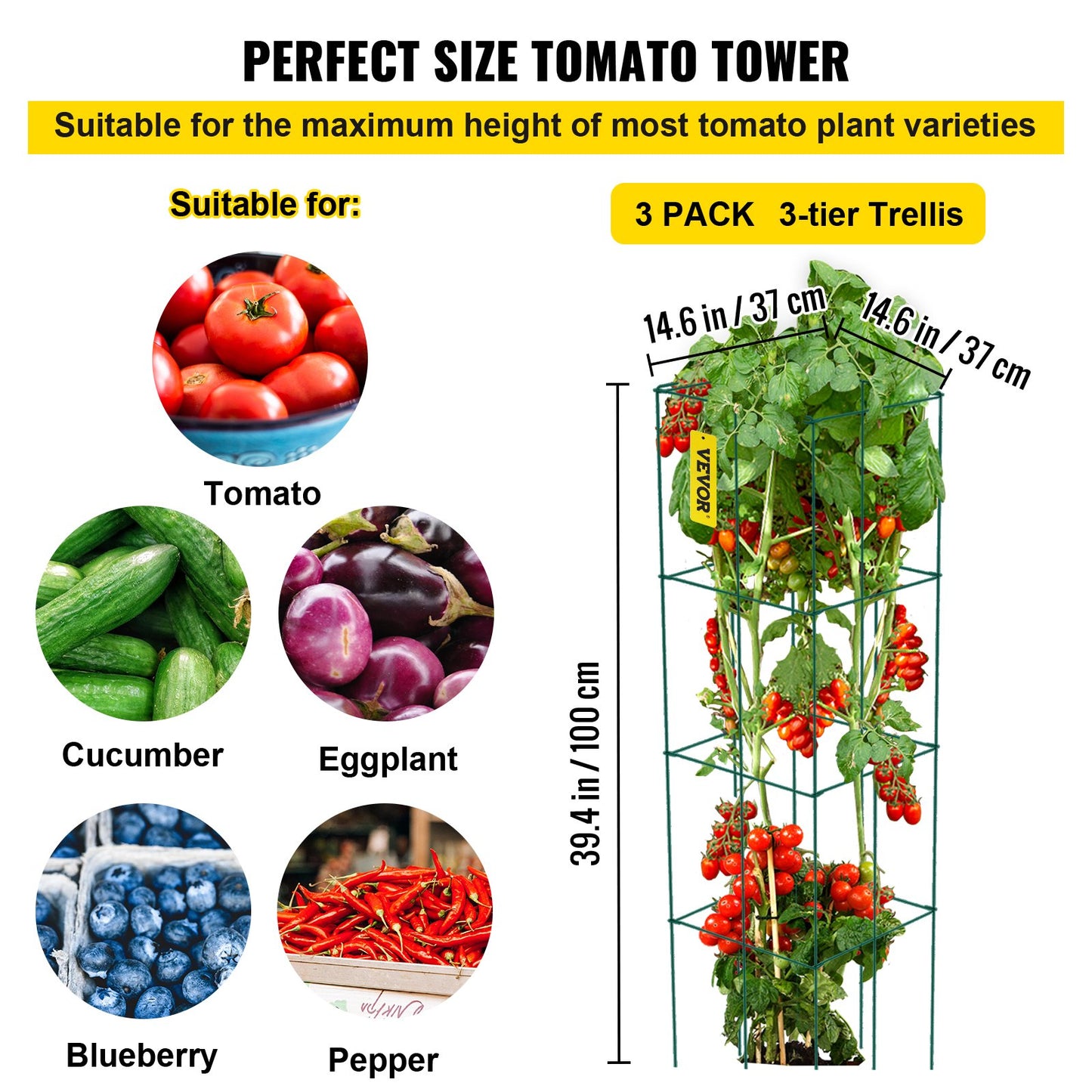 Tomatburar, 14,6\" x 14,6\" x 39,4\", 3-pack Tomatburar för trädgård, fyrkantiga växtstödburar Kraftiga, gröna PVC-belagda ståltomattorn för klättring i grönsaker, växter, blommor, frukt