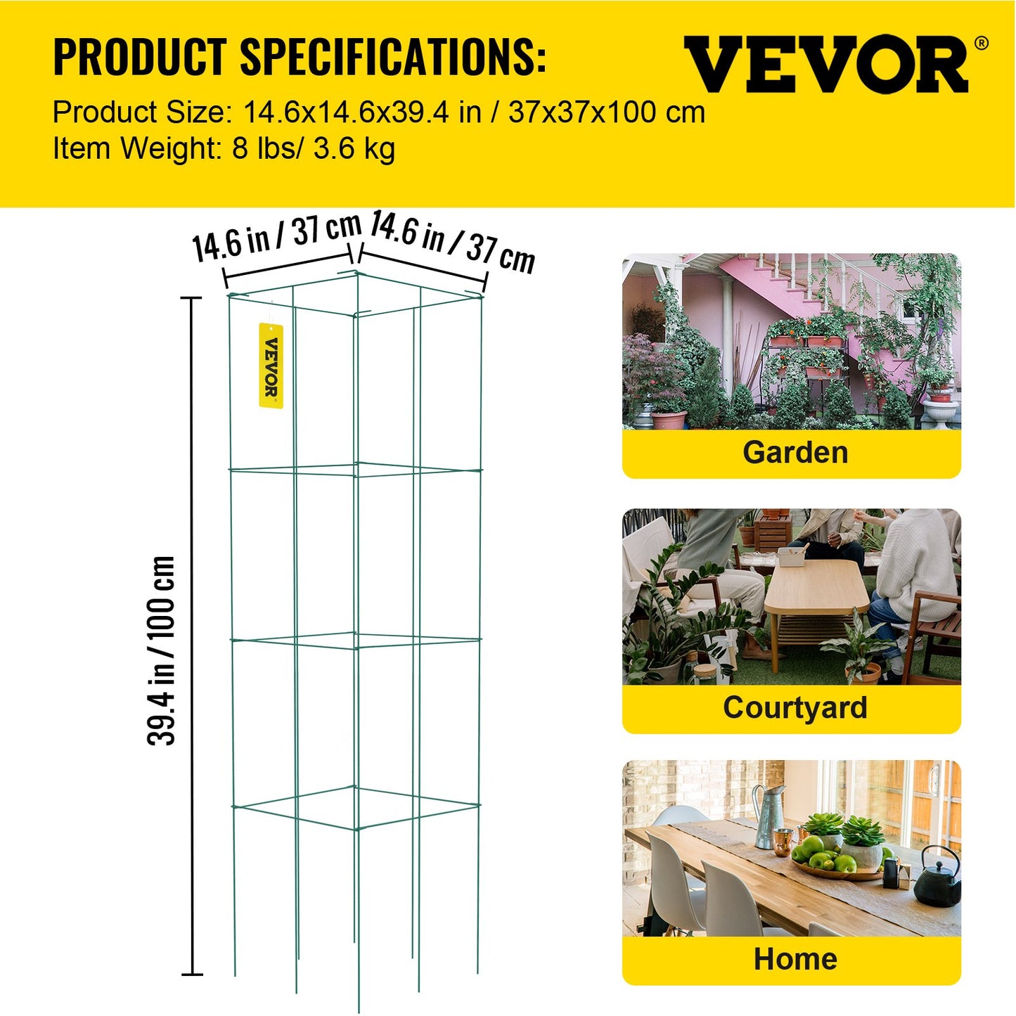 Tomatburar, 14,6\" x 14,6\" x 39,4\", 3-pack Tomatburar för trädgård, fyrkantiga växtstödburar Kraftiga, gröna PVC-belagda ståltomattorn för klättring i grönsaker, växter, blommor, frukt
