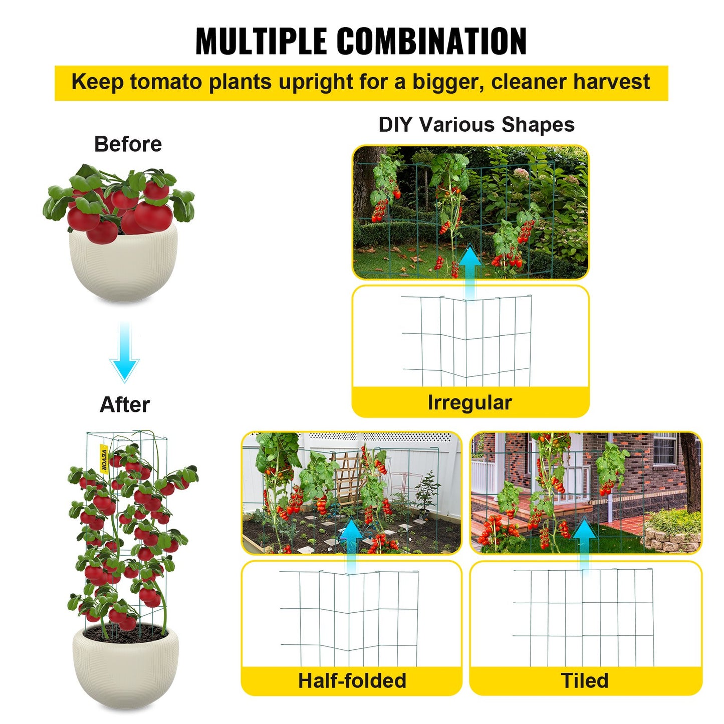 Tomato Cages, 14.6" x 14.6" x 39.4", 6-Pack Square Plant Support Cages, Green PVC Coated Steel Tomato Towers for Climbing Vegetables, Plants, Flowers, Fruits