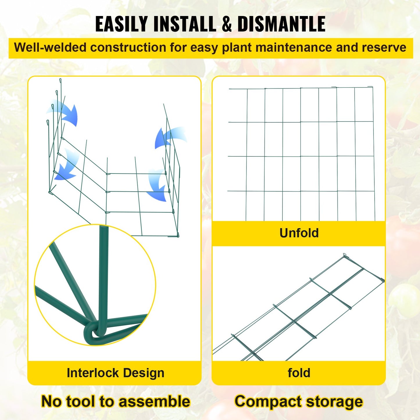 Tomato Cages, 14.6" x 14.6" x 39.4", 6-Pack Square Plant Support Cages, Green PVC Coated Steel Tomato Towers for Climbing Vegetables, Plants, Flowers, Fruits