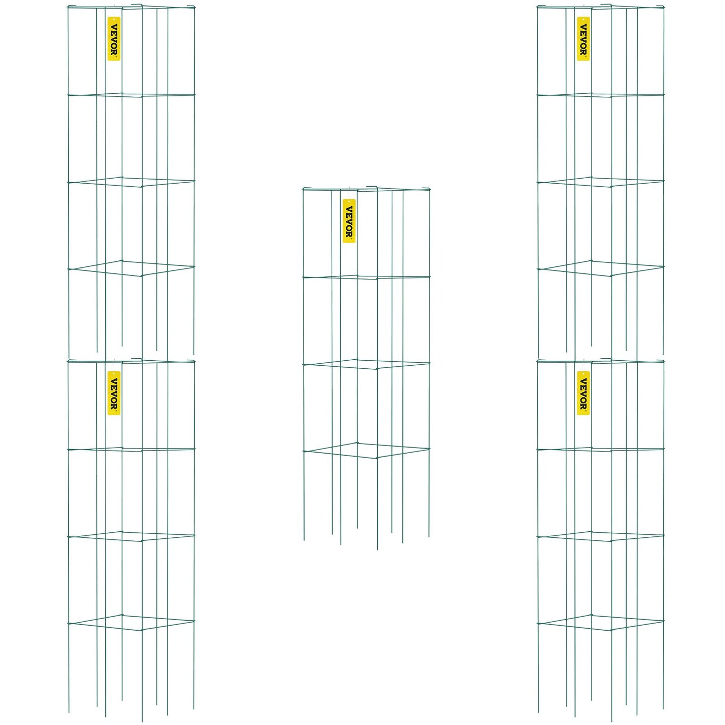 Tomatenkäfige, 30 x 30 x 117 cm, 5er-Pack quadratische Pflanzenstützkäfige, grüne Tomatentürme aus PVC-beschichtetem Stahl zum Klettern von Gemüse, Pflanzen, Blumen, Früchten