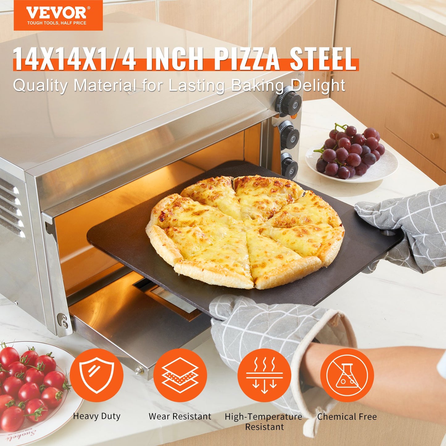 Pizzastål, 14" x 14" x 1/4" Pizzastålplatta för ugn, förkryddad pizzabaksten i kolstål med 20X högre ledningsförmåga, kraftig rostfri pizzapanna för utomhusgrill, inomhusugn