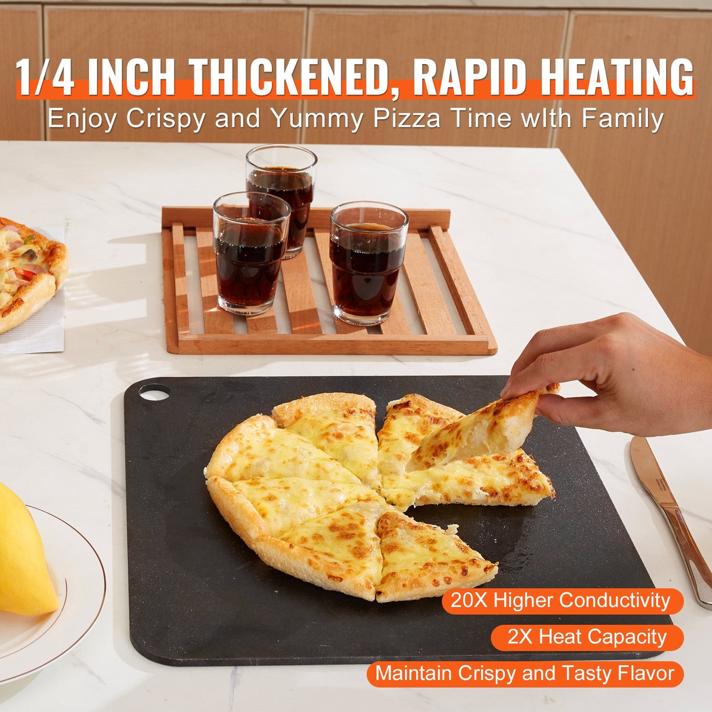 Pizzastål, 14" x 14" x 1/4" Pizzastålplatta för ugn, förkryddad pizzabaksten i kolstål med 20X högre ledningsförmåga, kraftig rostfri pizzapanna för utomhusgrill, inomhusugn