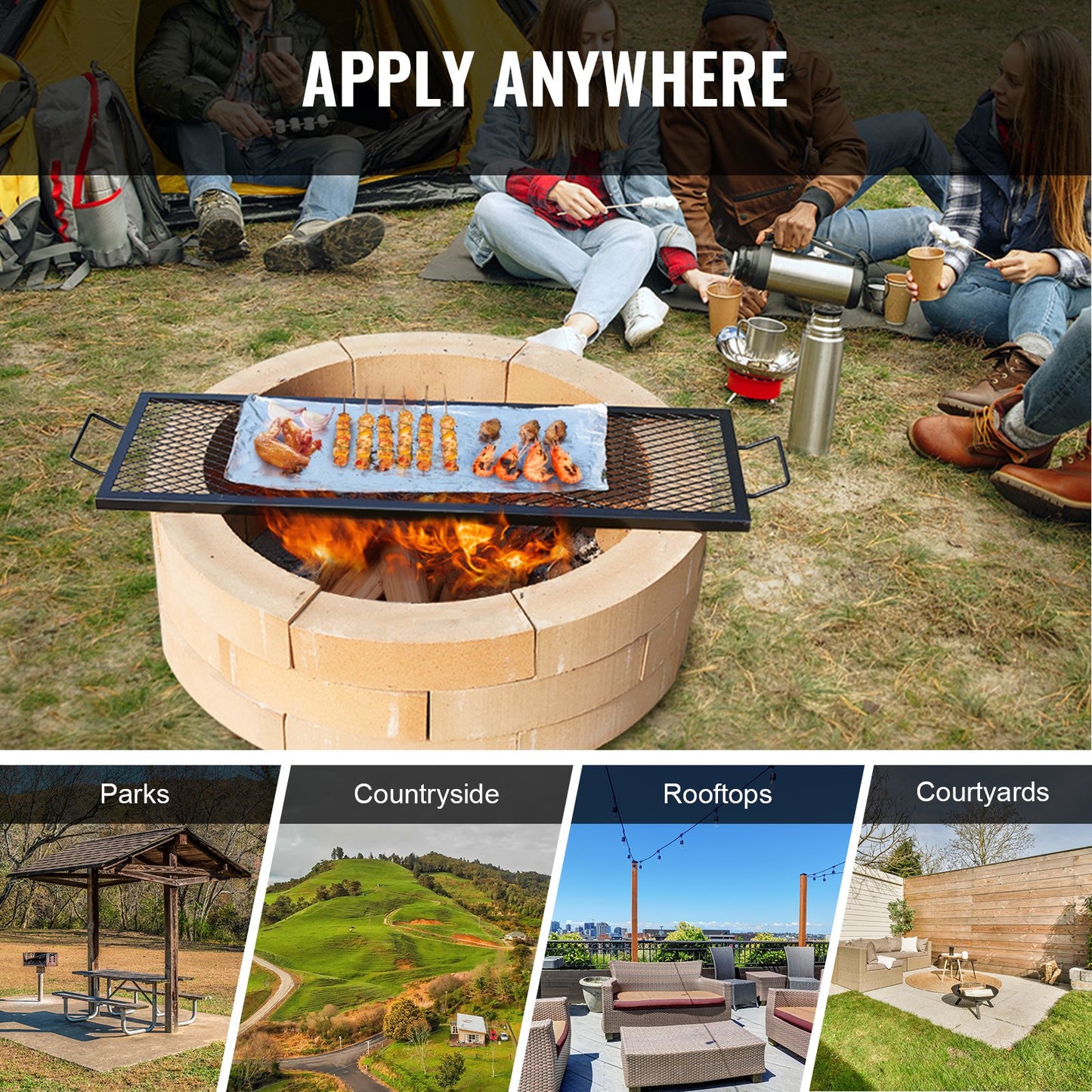 X-Marks Eldstadsgrill, rektangulär matlagningsgaller, Heavy Duty Steel Campfire BBQ Grill Galler med handtag och stöd X Wire, Bärbar campingkokare för utomhusfest, 44 tum svart