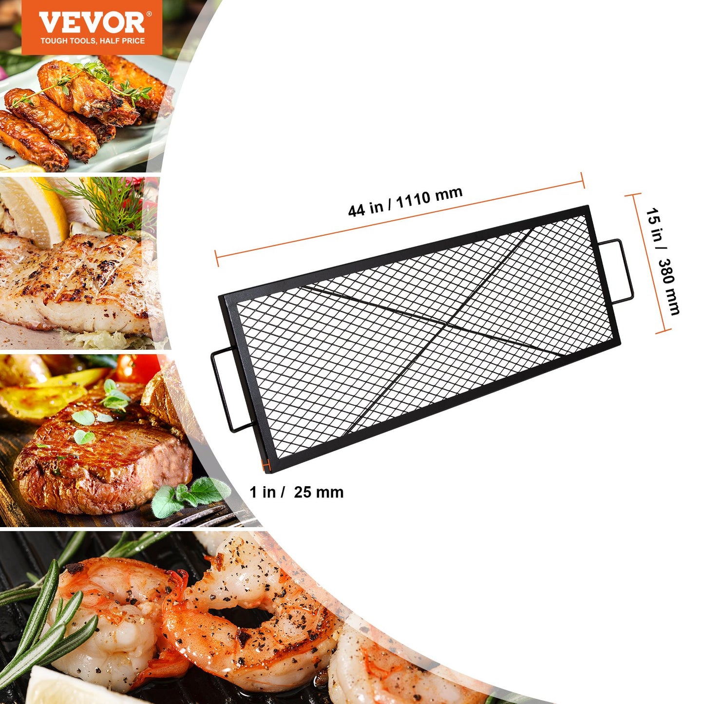 X-Marks Eldstadsgrill, rektangulär matlagningsgaller, Heavy Duty Steel Campfire BBQ Grill Galler med handtag och stöd X Wire, Bärbar campingkokare för utomhusfest, 44 tum svart