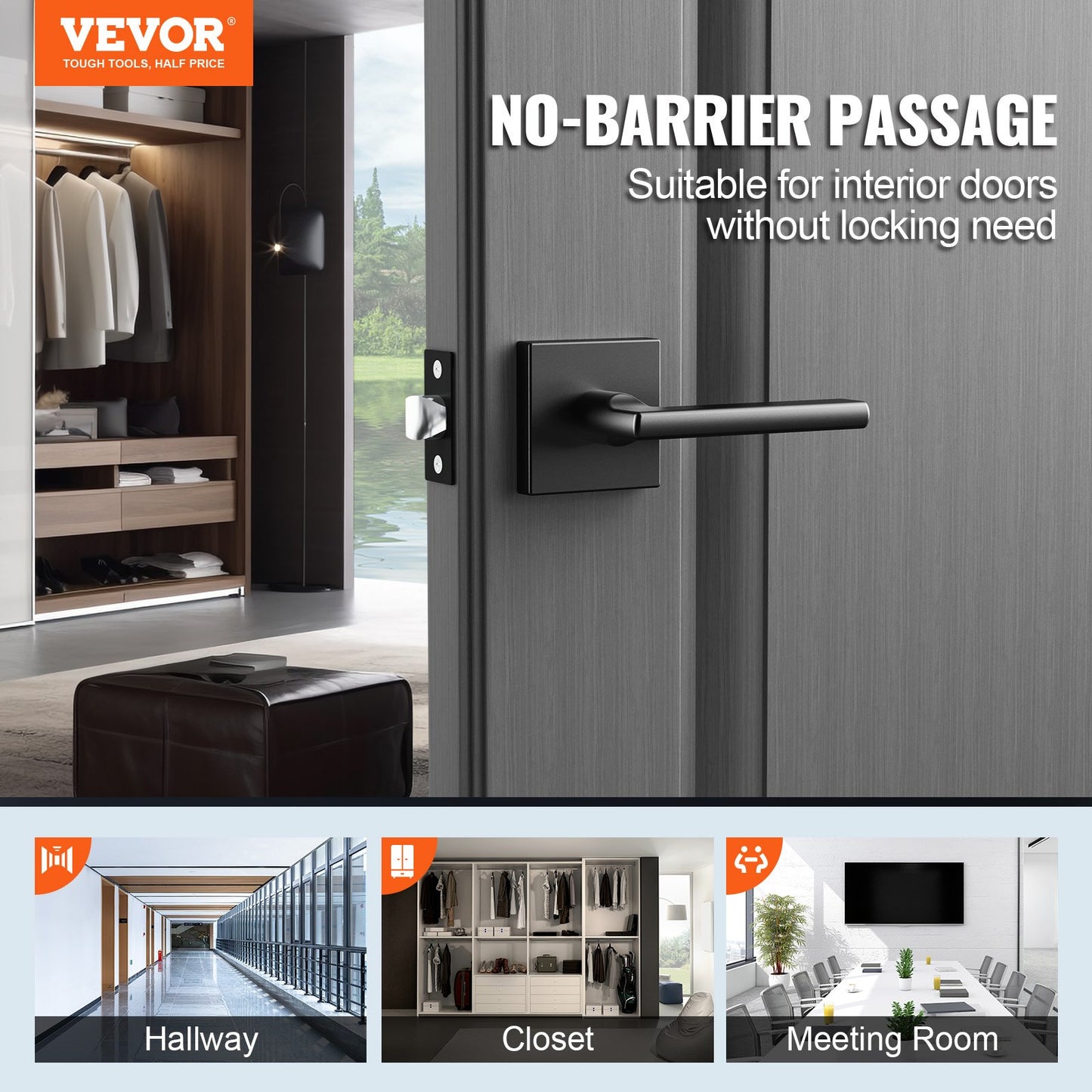 Passage door handle, 5-pack matte black door handle, left or right-handed reversible lever non-lockable, 45° rotation to open, square interior door handles for hallways, closets, meeting spaces