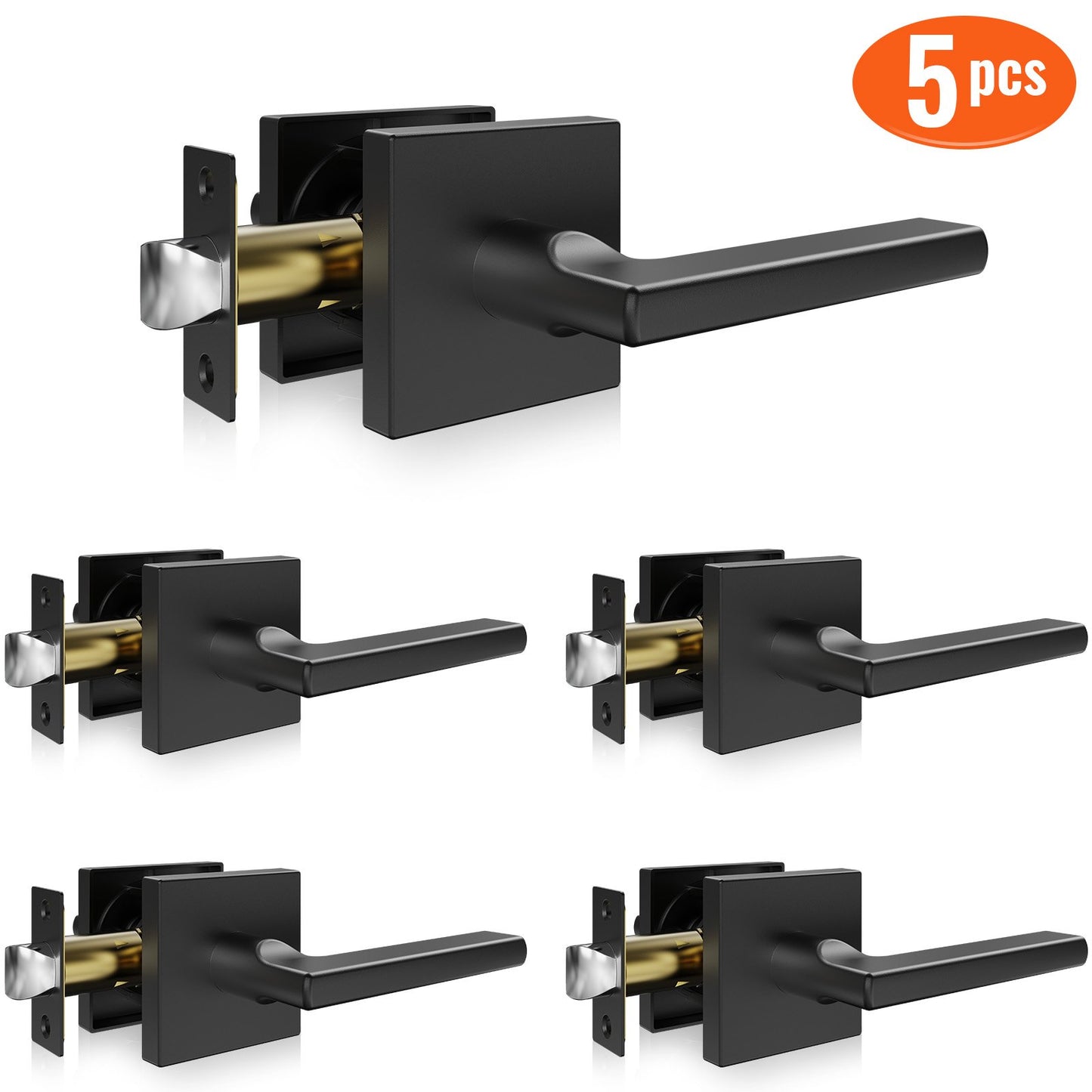 Passage door handle, 5-pack matte black door handle, left or right-handed reversible lever non-lockable, 45° rotation to open, square interior door handles for hallways, closets, meeting spaces