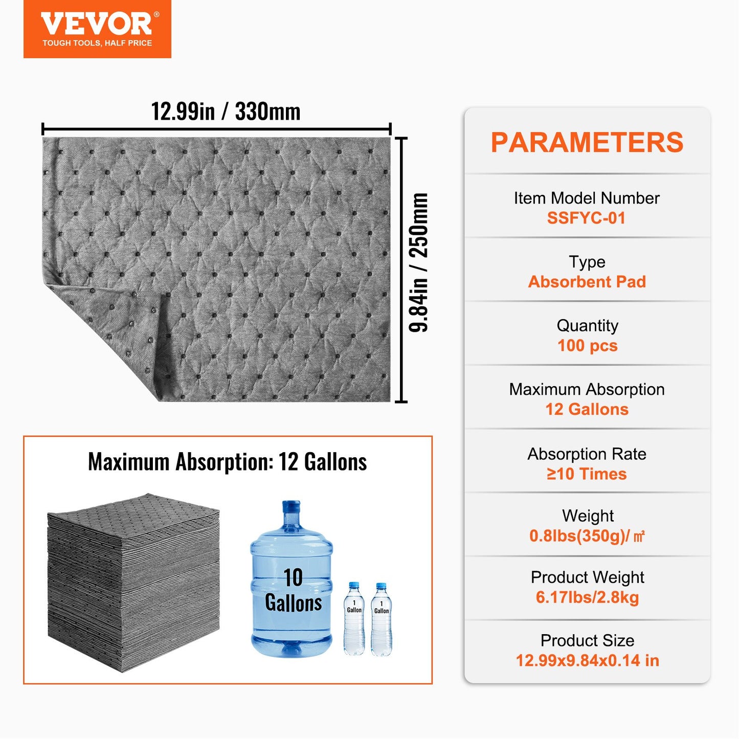 Spill absorbent pads, universal absorbent mat Absorbs up to 45.4 L, 330 x 250 mm Polypropylene absorbent pad for oil, water and other liquids, 100 pcs.