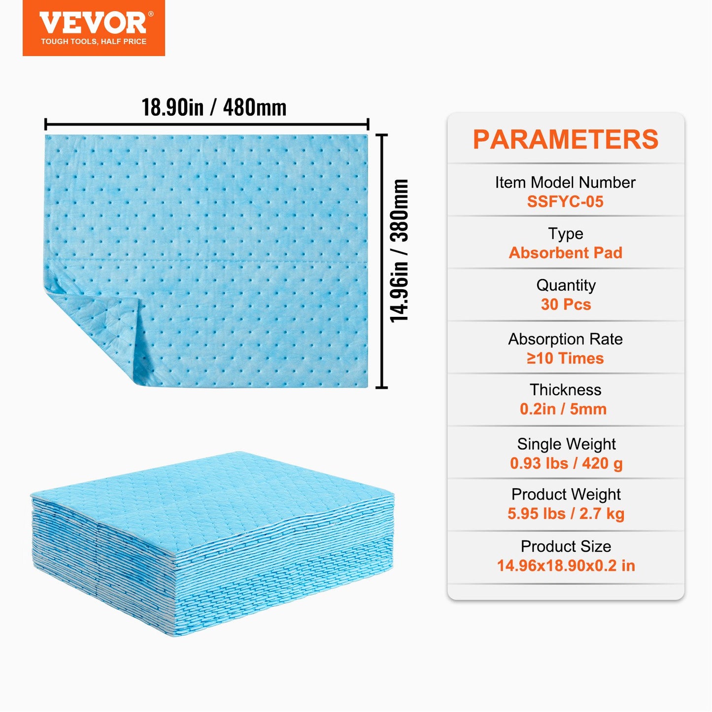 Spillabsorberande dynor, vattenabsorberande matta i dispenserlåda, 22,7L Kapacitet, 380 x 480 mm Polypropenabsorberande dyna för vatten, 30 st per låda