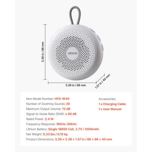 Ljudmaskin, 20 lugnande sömnljud, 4-i-1 hängbar ljudmaskin med vitt brus med automatisk avstängningstimer, mjuk ringlampa, minnesfunktion och barnlås, för baby, vuxna, hem, kontor och resor | EU