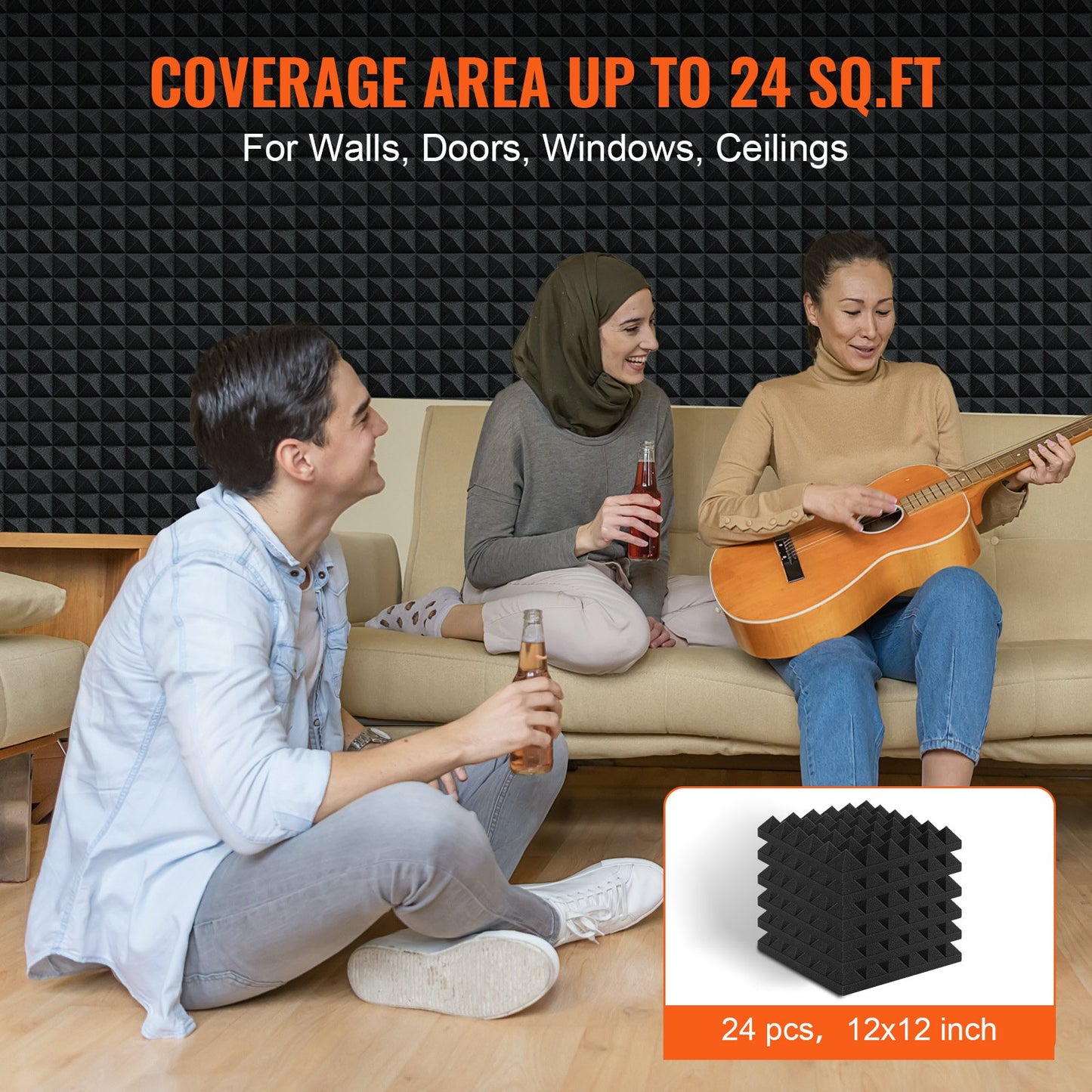 Akustiska skumpaneler 24-pack 12 x 12 x 2 tum för studiovägg och tak